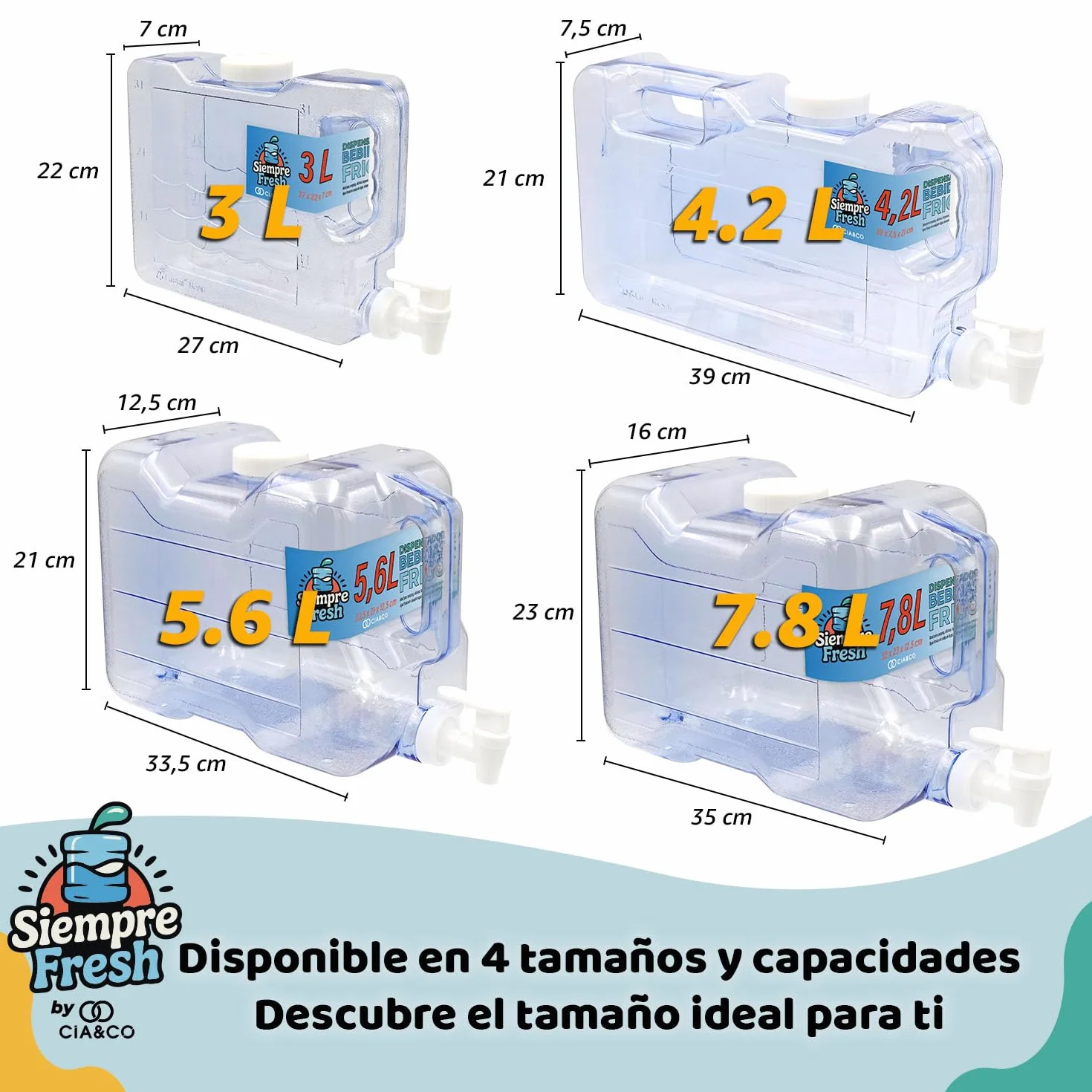 Cia&Co Distributeur d'eau froide pour réfrigérateur 4,2 l Bidon compact 39 x 21 x 7,5 cm robinet double fonction réutilisable