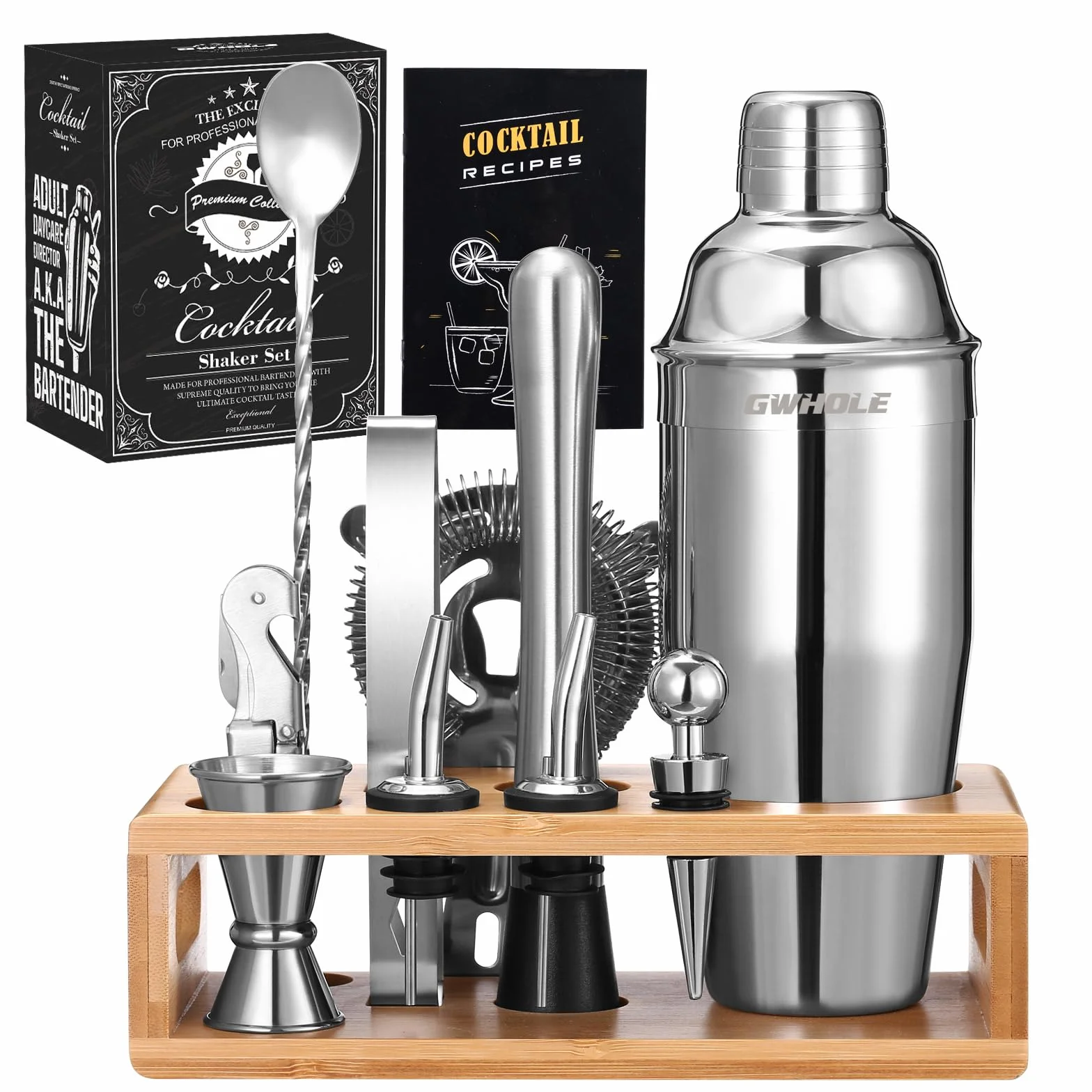 Kit Shaker à Cocktail en Acier Inoxydable GWHOLE avec Support Bois et Recette