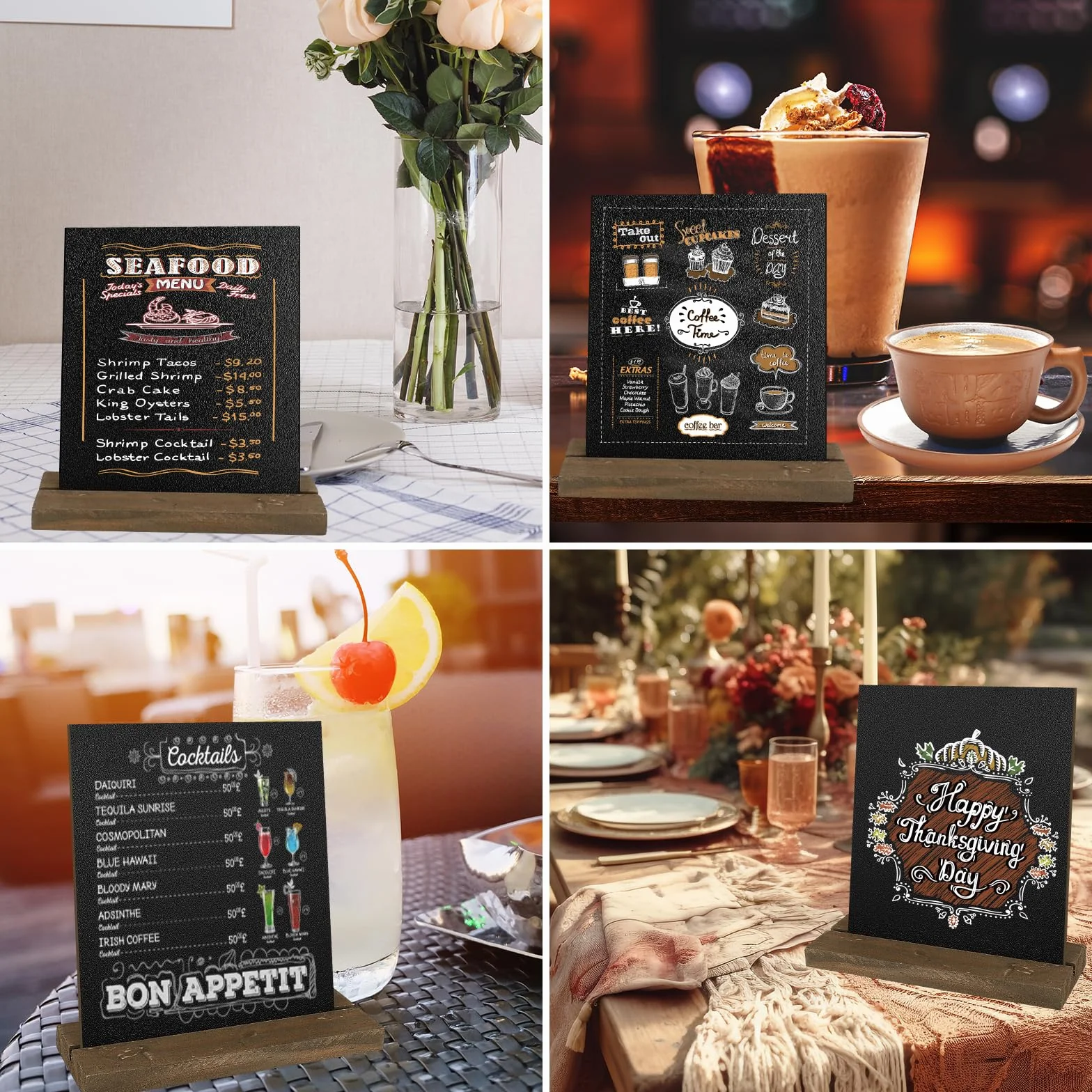 Lot de 8 Tableaux noirs en ardoise avec supports en bois, 3 stylos pour menu de fête et mariage
