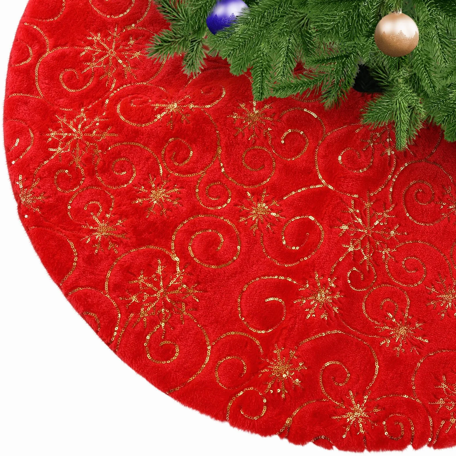Jupe de Sapin de Noël Rouge KONVINIT - Tapis d'Arbre en Peluche avec Paillettes Dorées 78/90/120cm