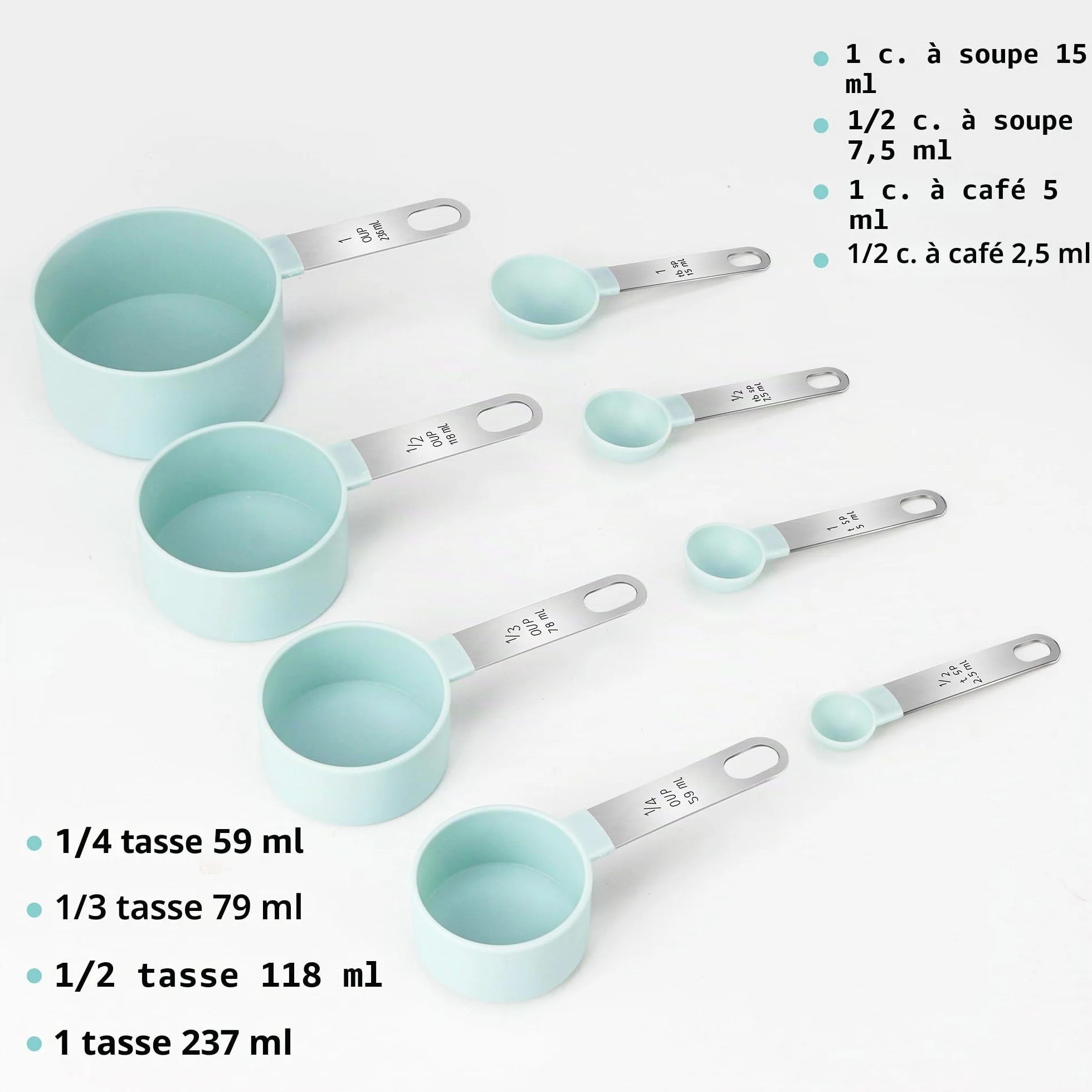 Lot de 8 tasses et cuillères à mesurer en acier inoxydable outil de mesure pour liquides et solides ustensiles de cuisine