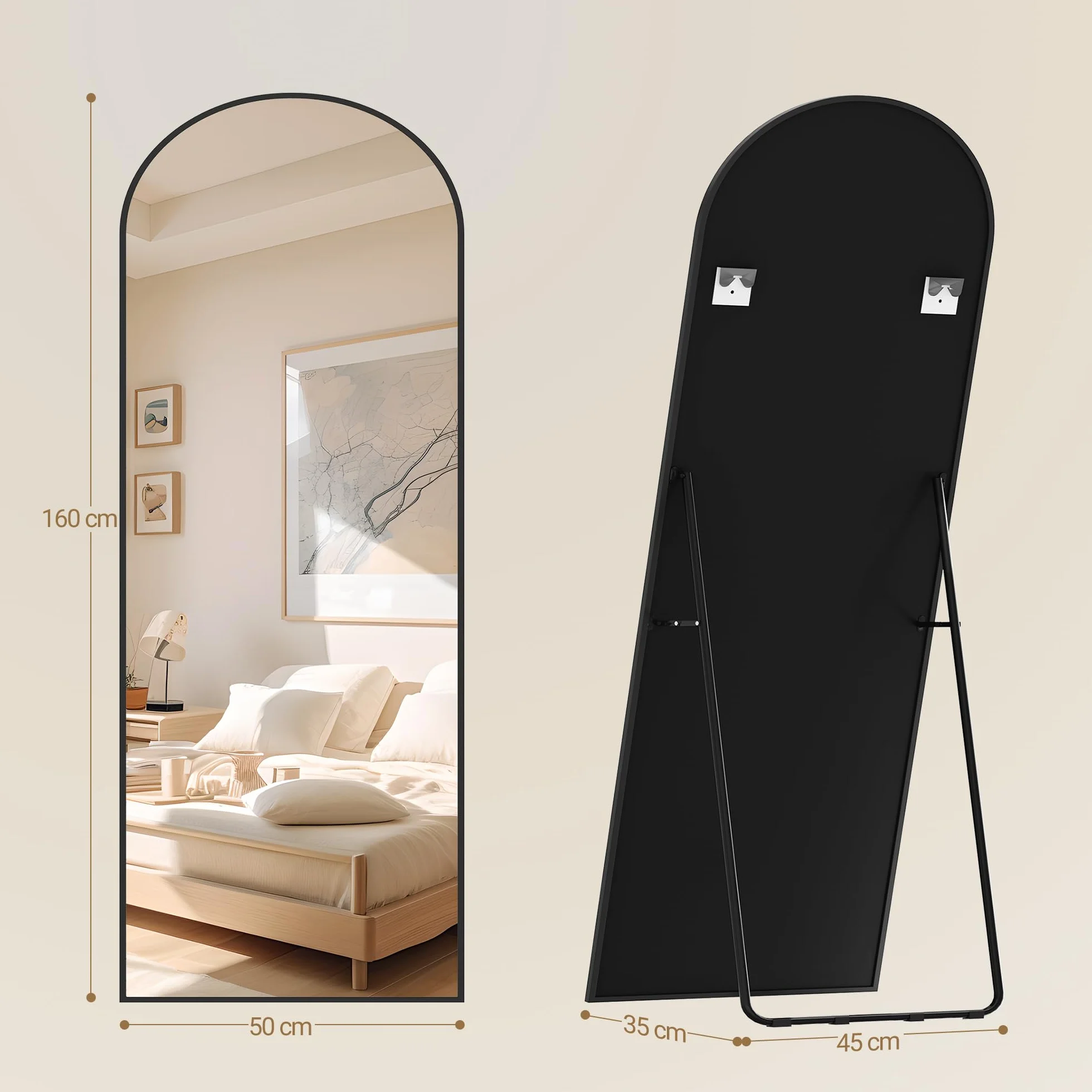 Miroir Intégral sur Pied 160x50 cm Verre Trempé Cadre Aluminium Noir
