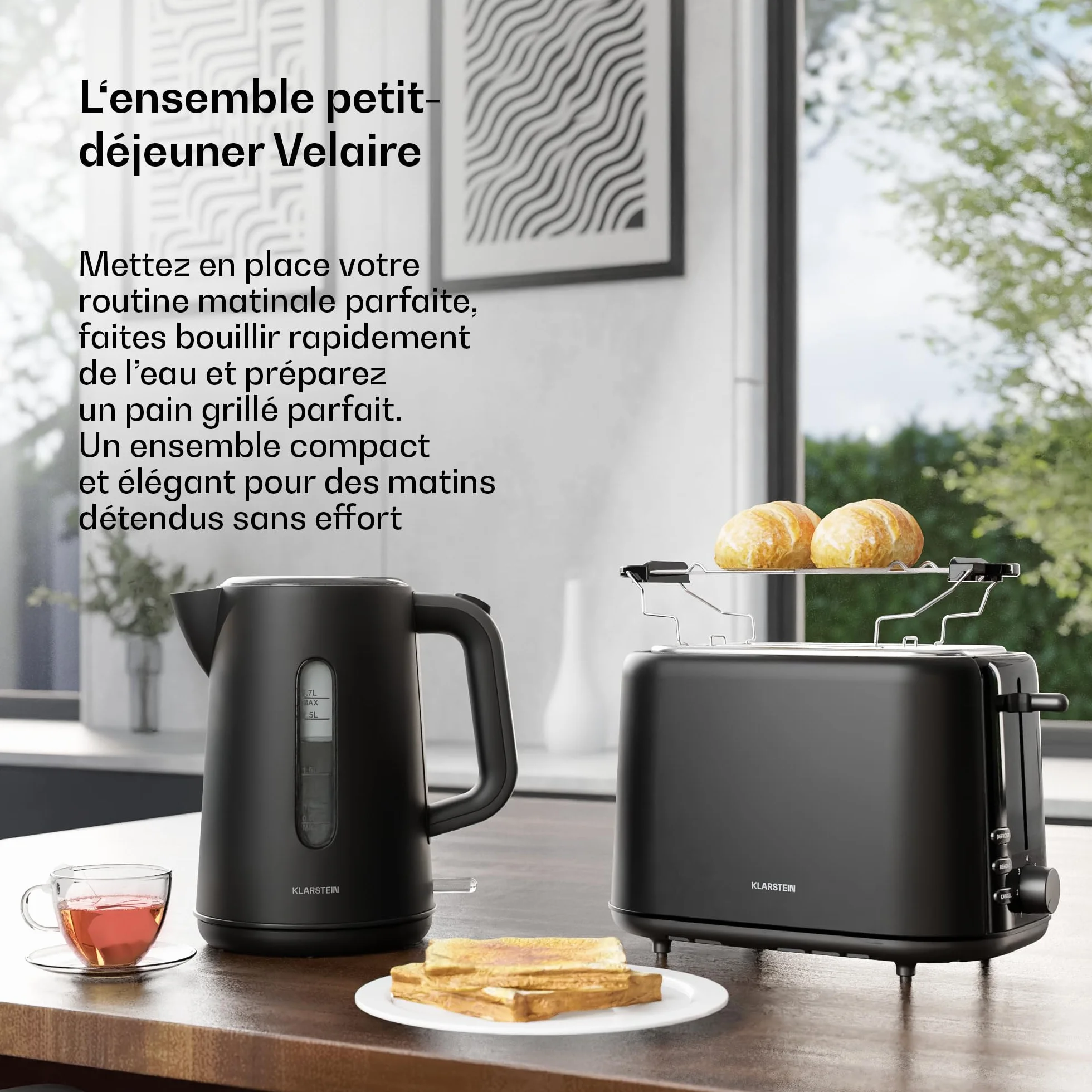 Klarstein Velaire Essential Set Petit-Déjeuner Grille-Pain 2 Fentes 7 Niveaux Bouilloire Électrique 1,7L