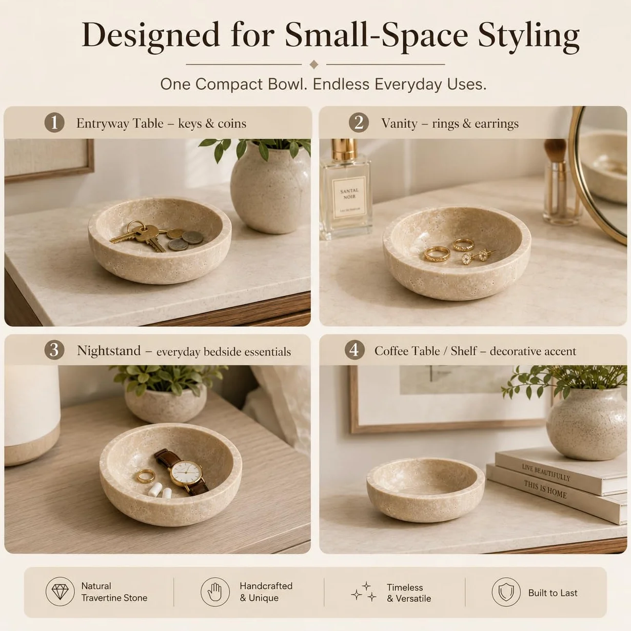 Petit bol rond décoratif en marbre 15 cm pierre naturelle pour décoration d'intérieur beige