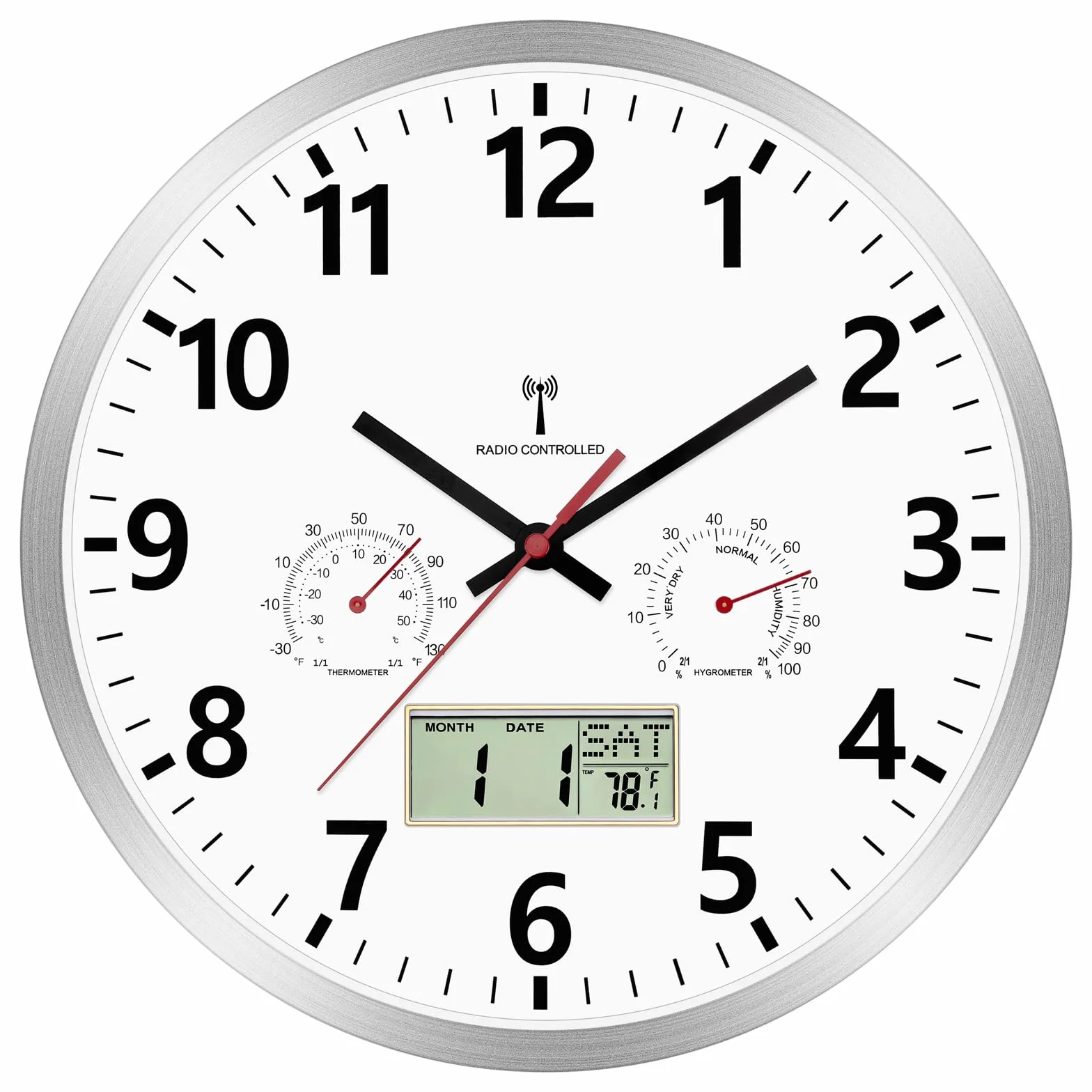 Foxtop Horloge Murale Radio-Pilotée 30 cm avec Hygromètre Thermomètre Écran LCD
