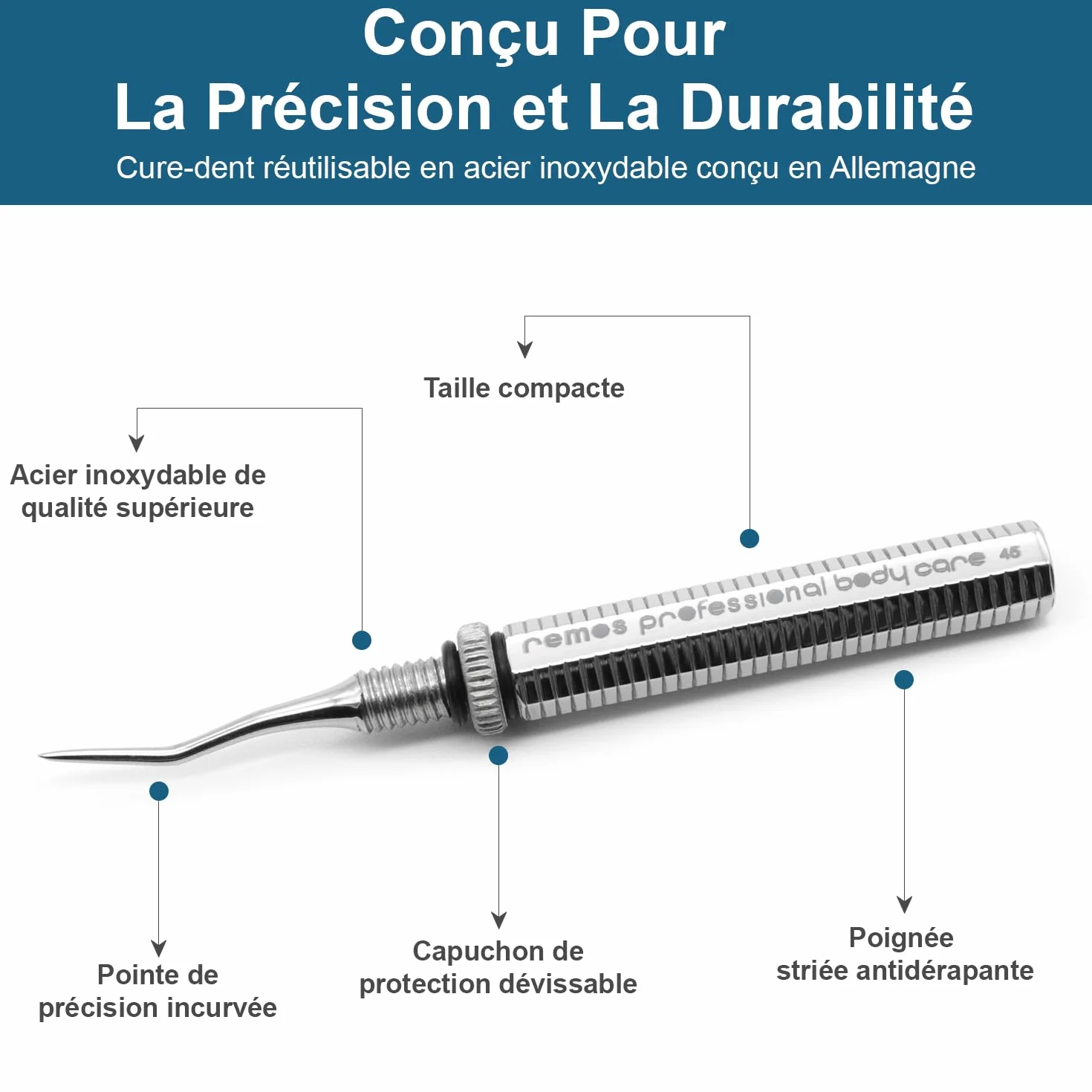 Cure-dents acier inoxydable pointe courbée dévissable REMOS