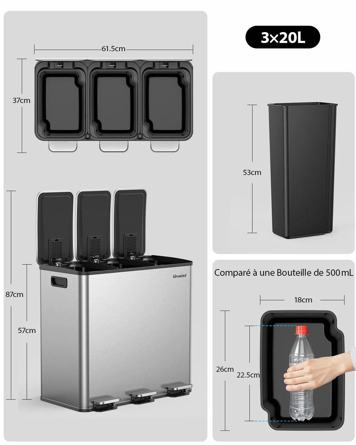 Lovewind Poubelle de Cuisine 3x20L Recyclage 3 Compartiments Argent