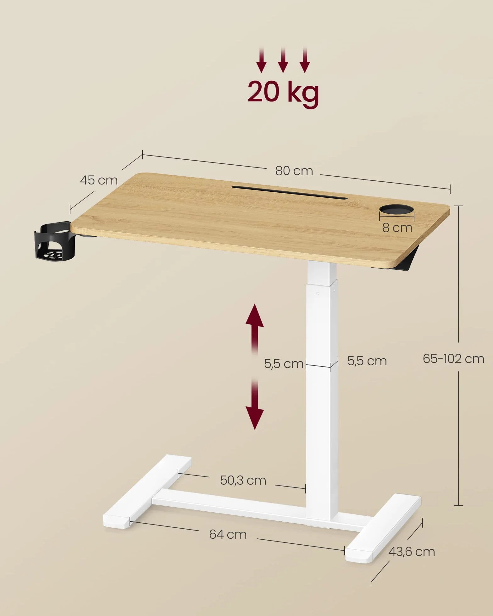 VASAGLE Bureau Assis-Debout sur roulettes, Table Réglable en Hauteur 80x45 cm, Doré Chêne