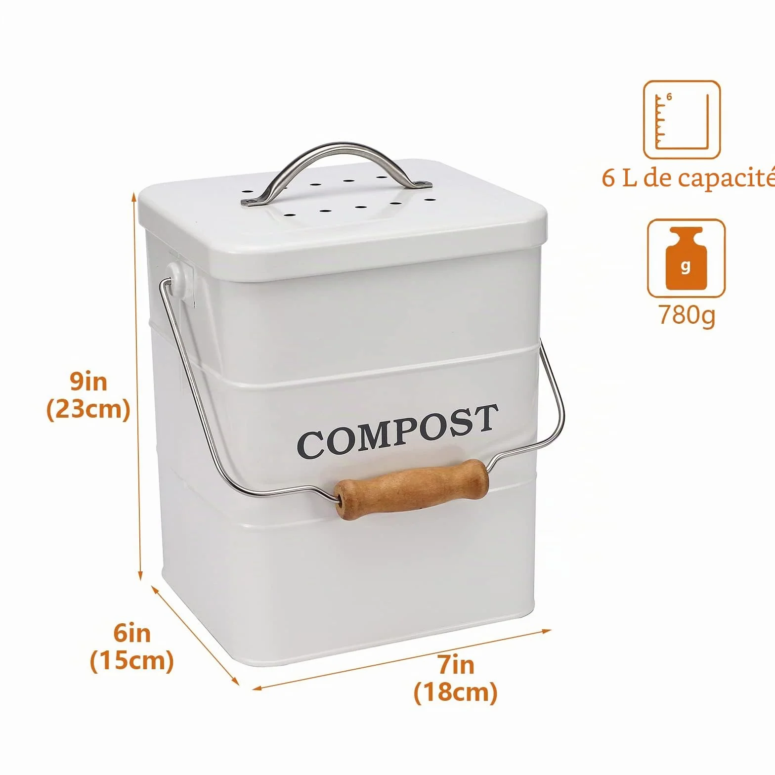 Poubelle à Compost en Acier au Carbone 6 L avec Couvercle et Filtre à Charbon Blanc