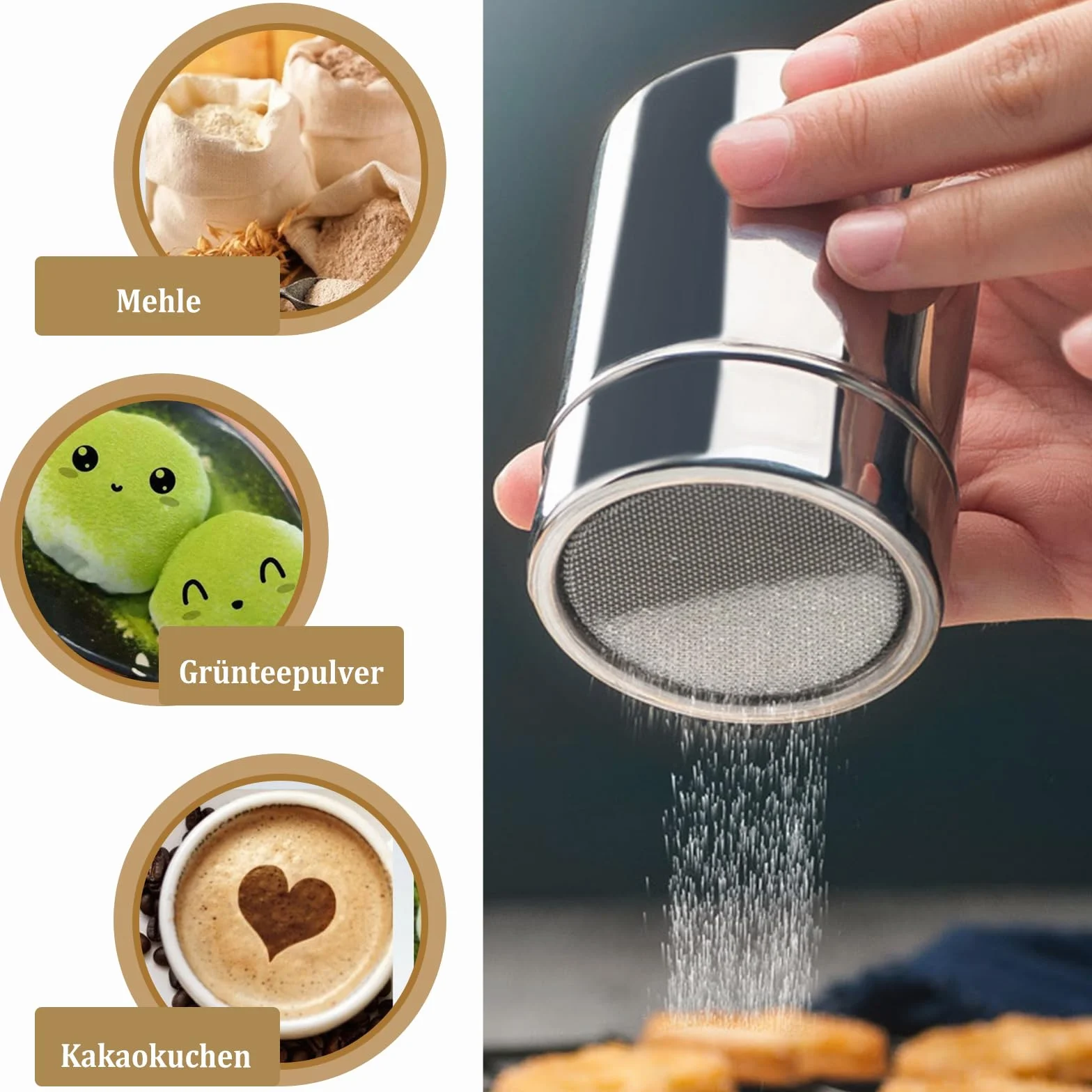 Dragues en Acier Inoxydable, Saupoudreuse à Sucre Glace, Shaker à Épices, Tamiseur pour Cacao Poudre