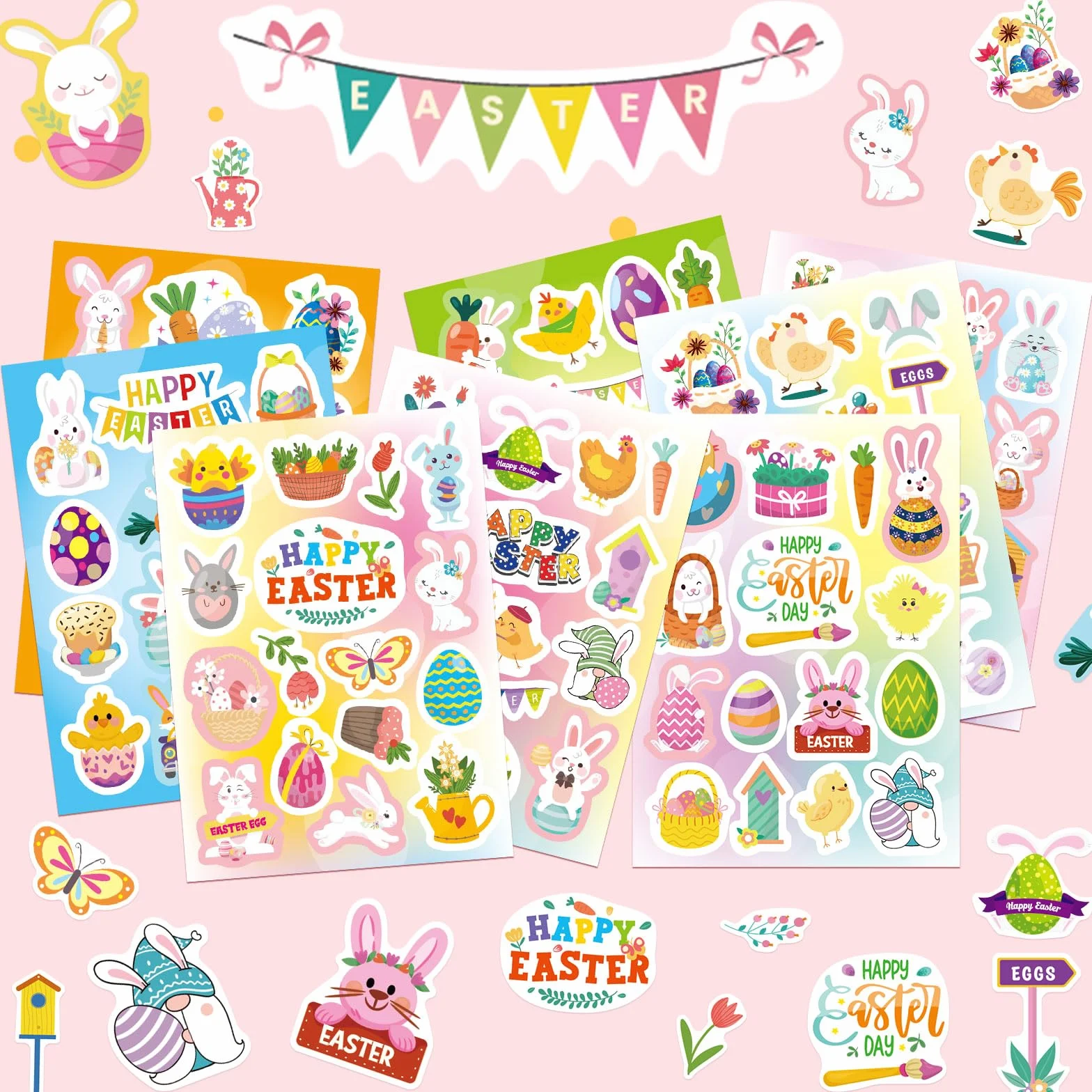 Autocollants Pâques 24 Feuilles 342Pcs Gommette Œuf Lapin Carottes Panier Cartes Enveloppes Scrapbooking Enfants Fournitures Fête