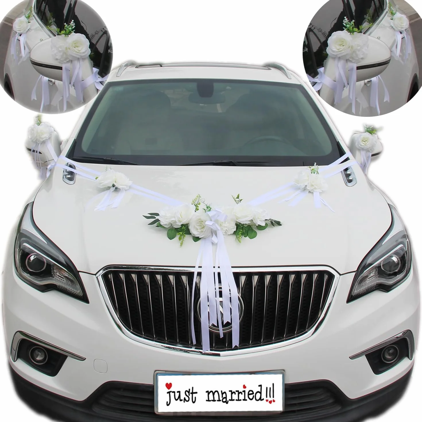 Chexin Ensemble de décoration de voiture de mariage Premium, roses blanches, capot mariée et marié