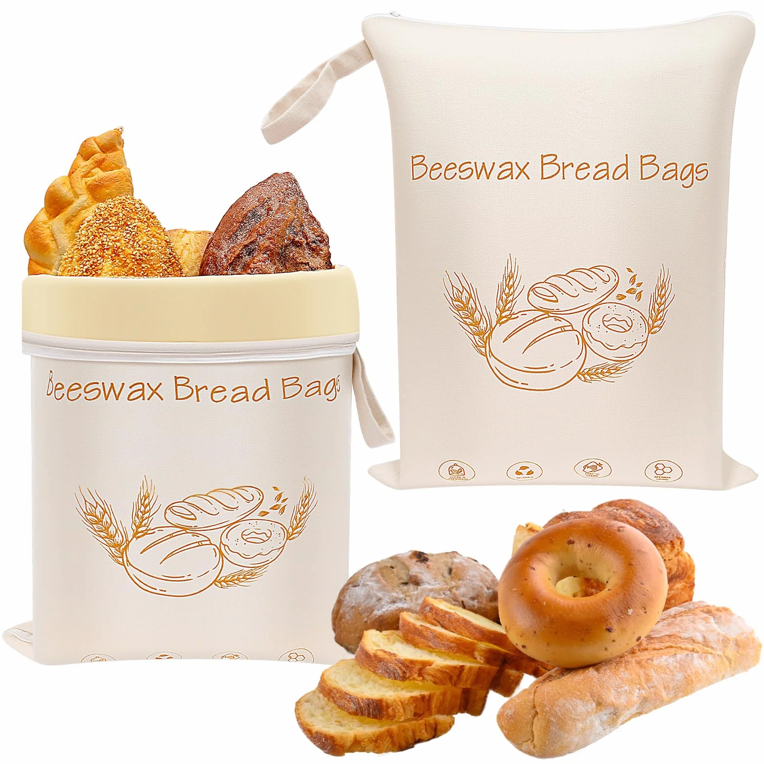Sacs à pain en cire d'abeille avec fermeture éclair, 42x33 cm, 100% coton, réutilisables, pack de 2