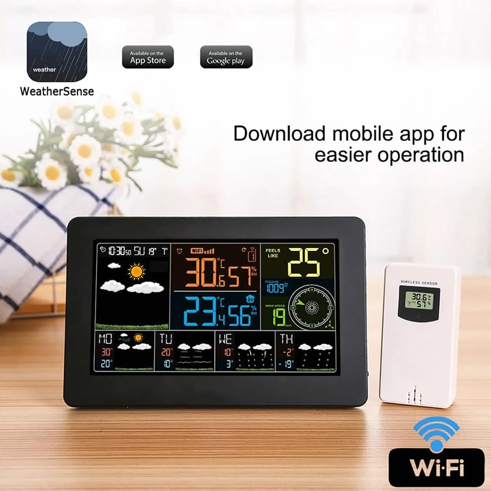 Station Météo WiFi sans Fil, Thermomètre Intérieur Extérieur Numérique avec Affichage Couleur, Horloge et Rétroéclairage Réglable