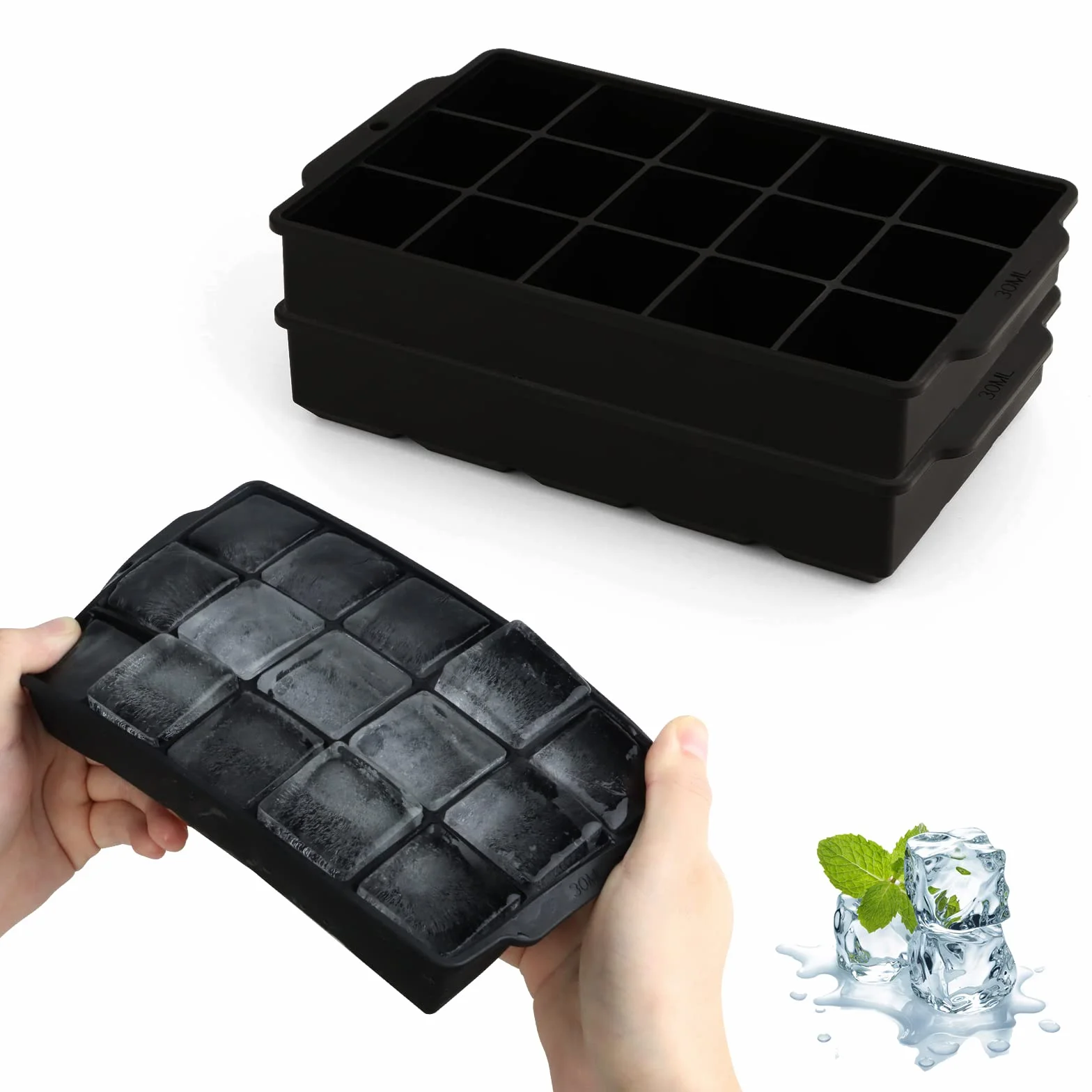 Moule à Glaçons Silicone 2 Pièces 15 Compartiments 3,5 cm Carrés pour Cocktails Whisky
