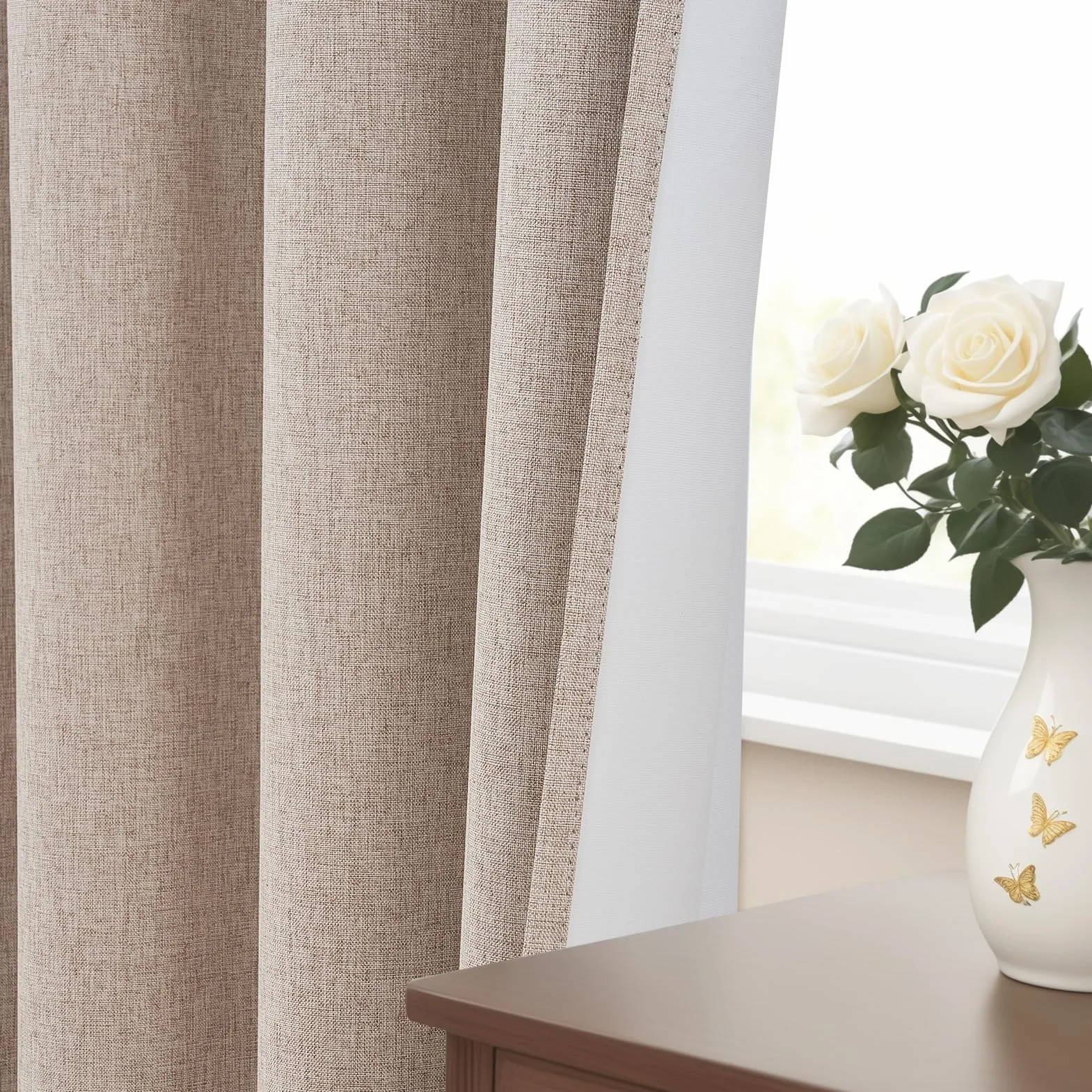 Rideau Occultant Thermique Lin Naturel à Oeillets 100% Bloquer Lumière, Anti Froid Chaleur pour Fenêtre Chambre Salon Lot de 2 140x245 CM