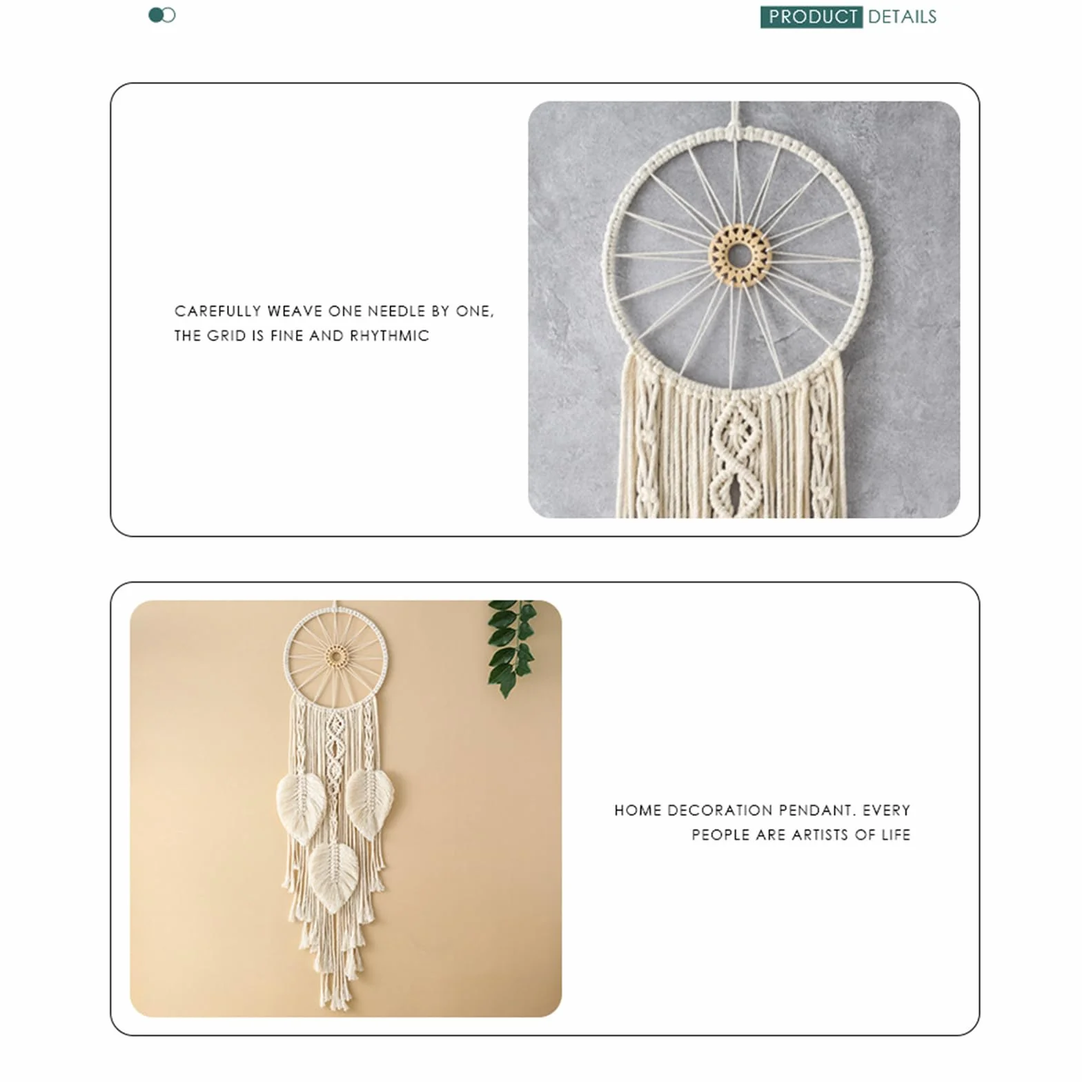 Attrape-rêves feuille tissée double cercle macramé tenture murale beige