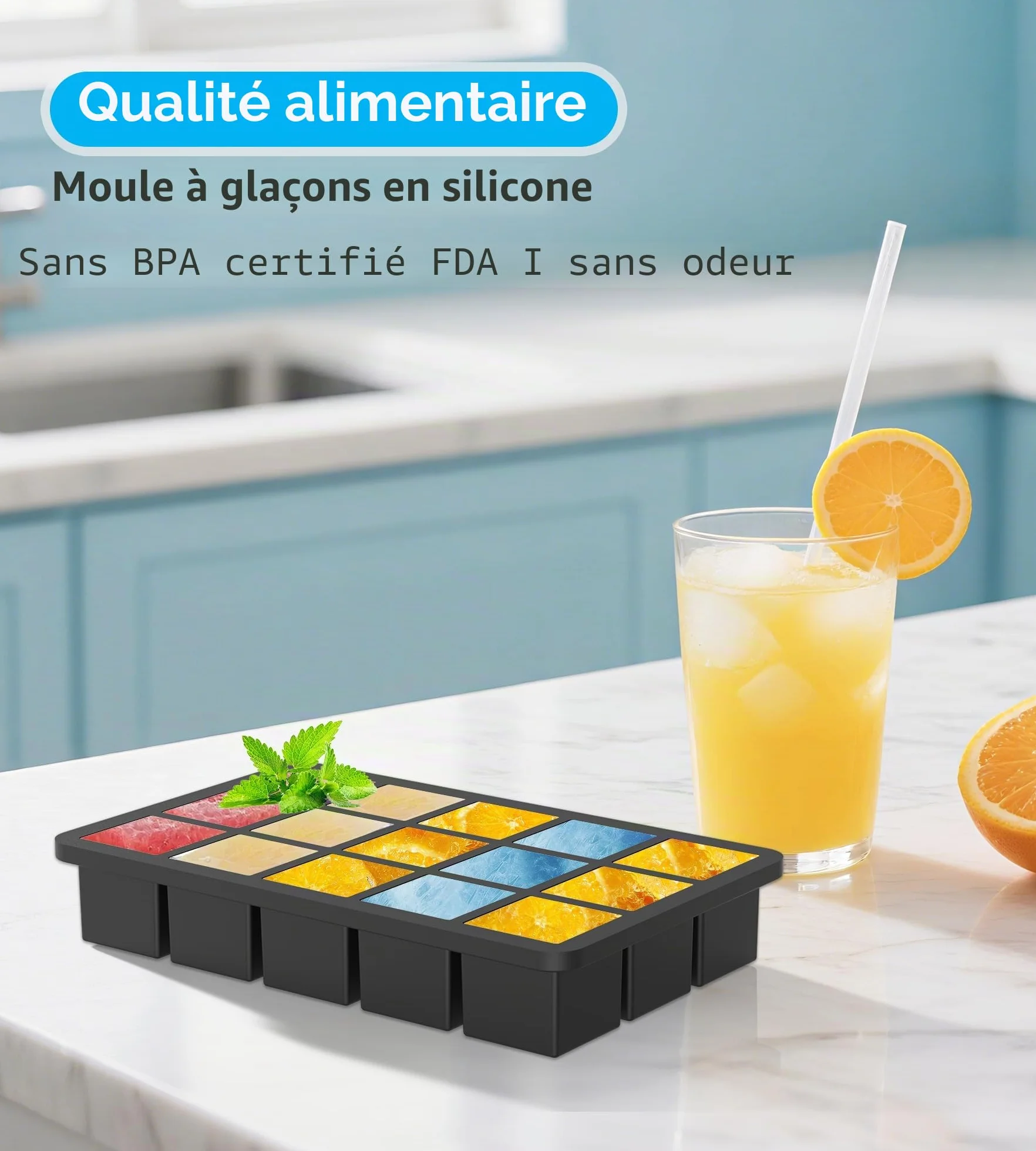 Ankway Lot de 3 Bac à Glaçons Silicone avec Couvercle, 45x3.5cm, Sans BPA, Faciles à Retirer, Noir