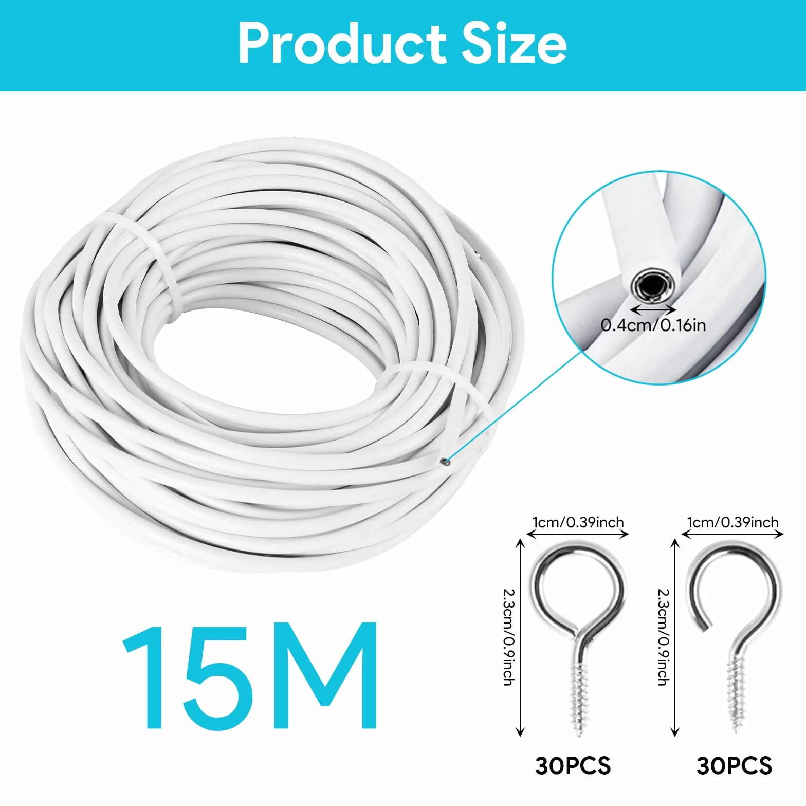 Fil de Rideau Blanc 15M avec 30 Paires Crochets et Yeux Kit Corde Suspendue pour Rideaux