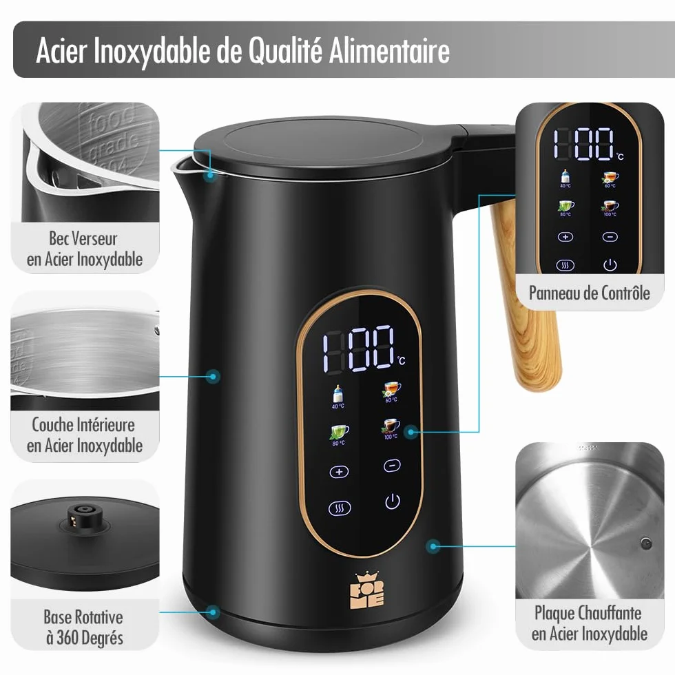 ForMe Bouilloire Electrique Inox 1,7L Contrôle de Température Réglable 40-100°C LED Affichage Maintien au Chaud