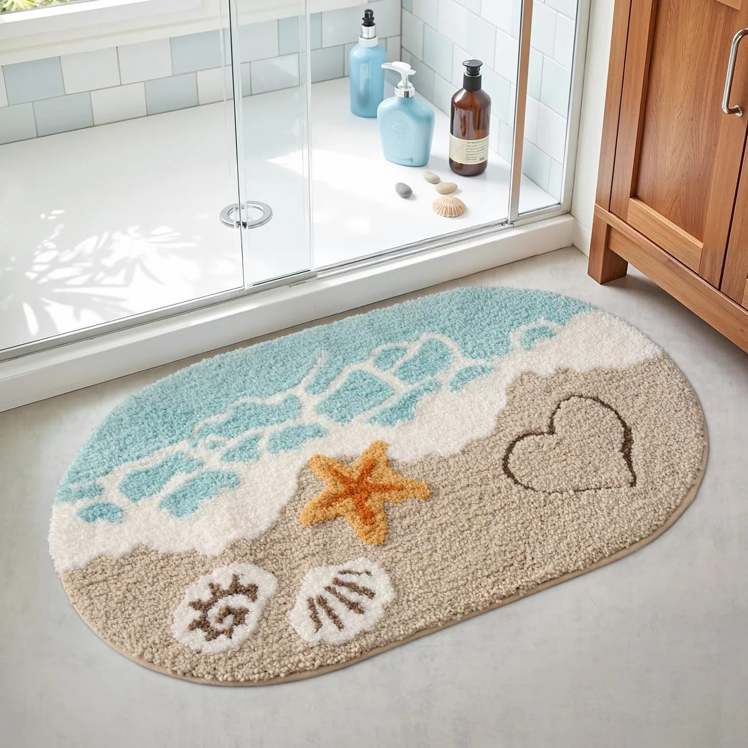 DEXI Tapis Salle de Bain Antidérapant 54 x 86 cm Ovale Absorbant Lavable Motif Plage