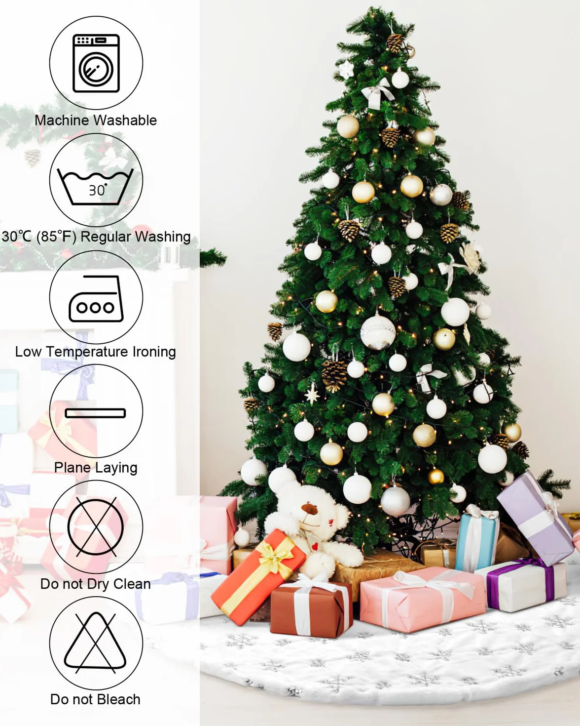 Jupe de Sapin de Noël COOLWUFAN 120cm Blanc en Peluche Argent Sequin Flocon de Neige
