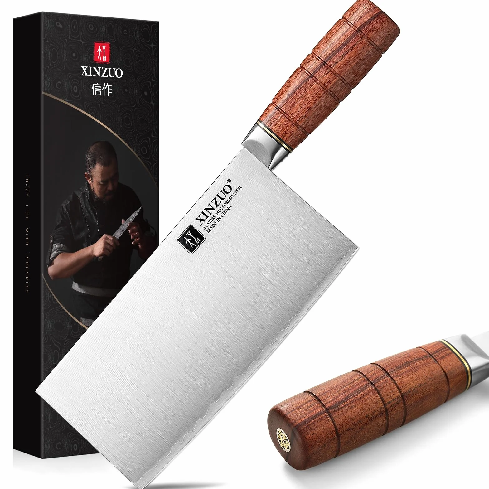 XINZUO Couperet Couteau Chef Chinois 18,8cm Acier Inoxydable Poignée Red Wood