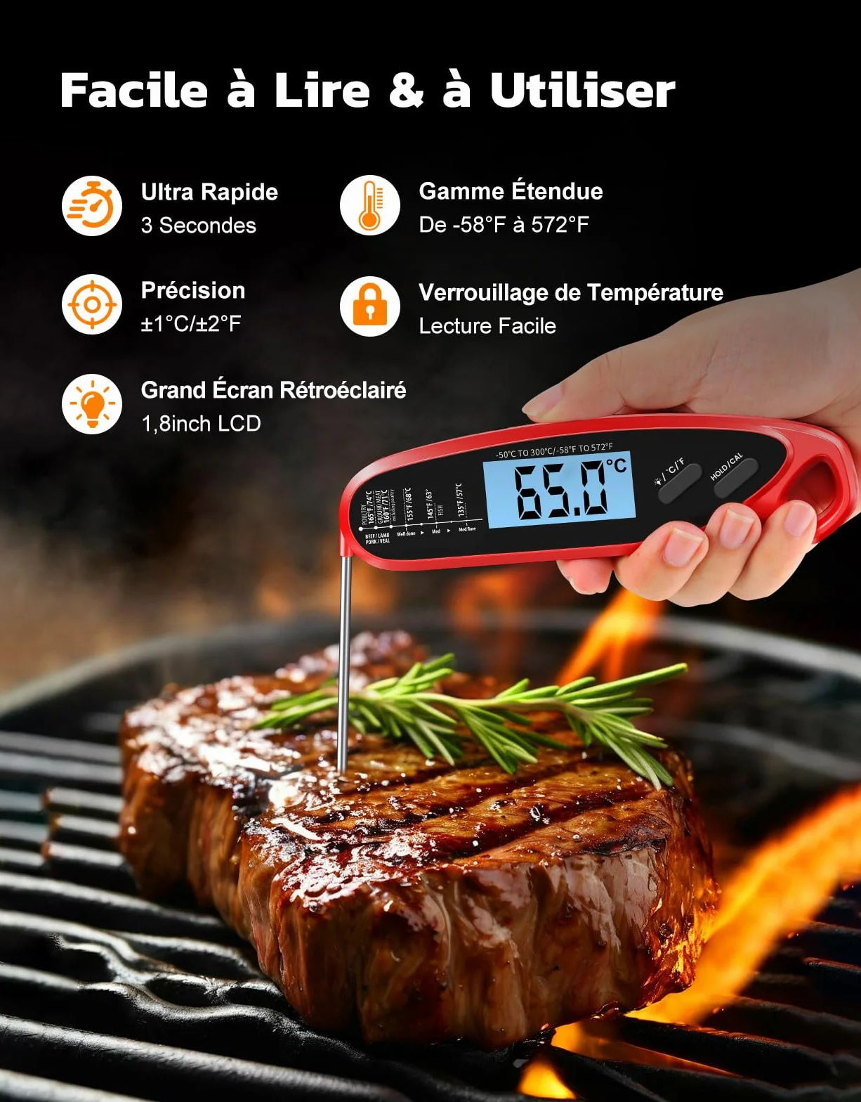 Thermomètre Cuisine Double Sondes Pliables 3s Lecture Instantané Digital Rétroéclairage LCD Calibration Cuisson Ustensile Four BBQ Fumoir