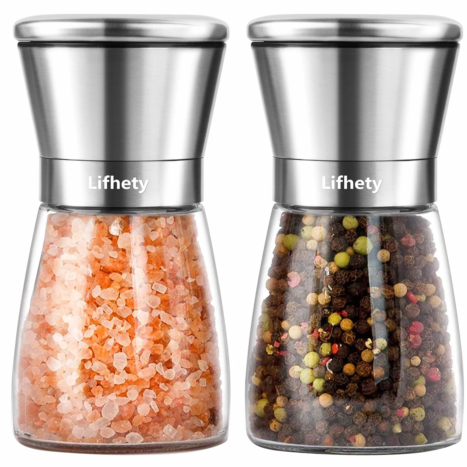 Lot de 2 Moulins à Poivre et Sel avec Broyeur Céramique Réglable, Salière et Poivrière Manuelle, Verre et Inox