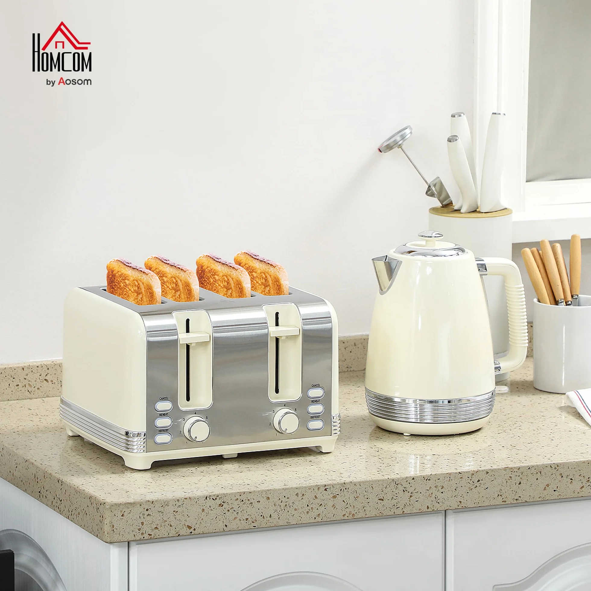 Homcom Grille-pain 4 tranches Bouilloire 1,7 L 2200 W Set petit-déjeuner