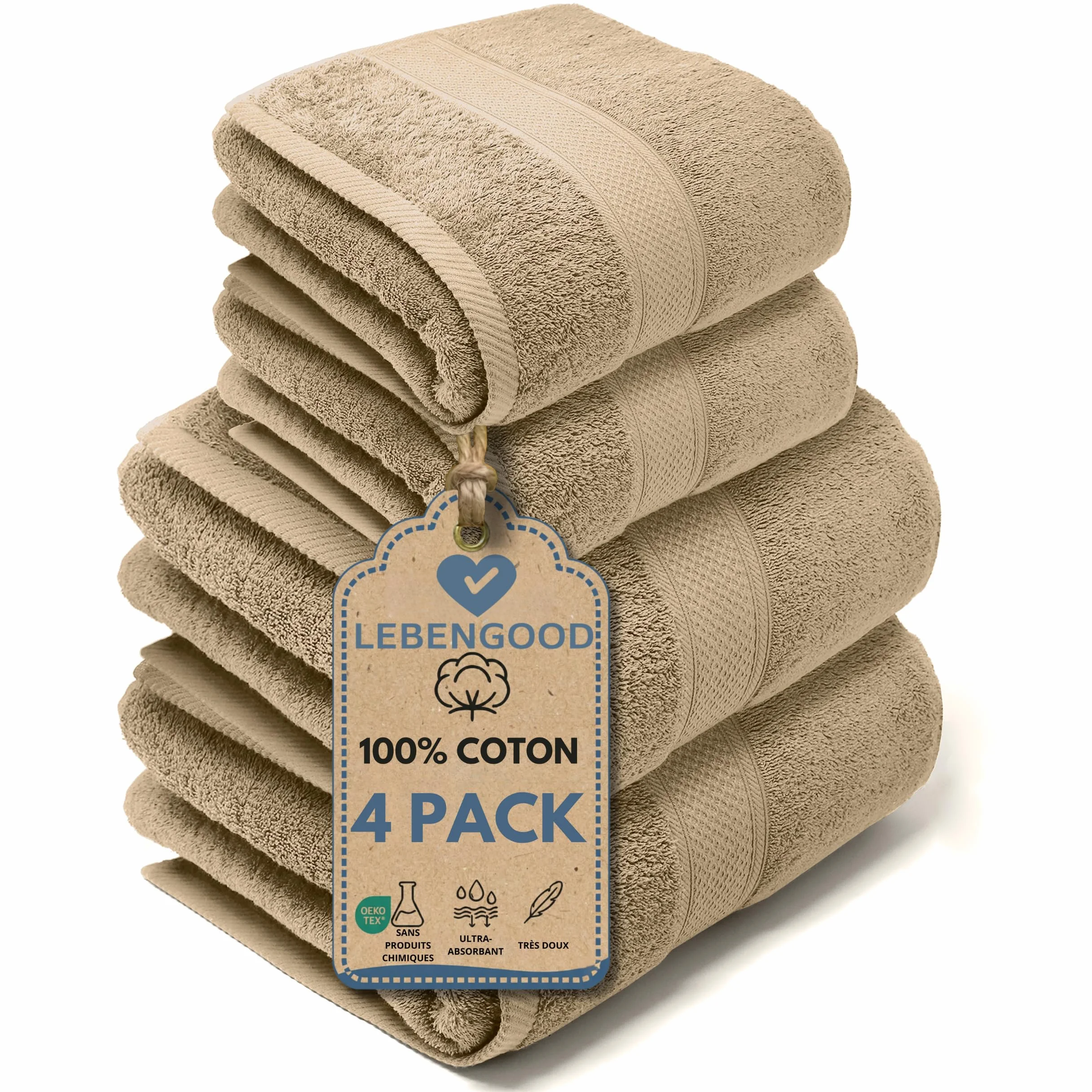 Serviette de Bain 100% Coton Oeko-TEX® Lot de 4 - 2 Douche 70x140 + 2 Toilette 50x90 Grande Taille Doux et Absorbant
