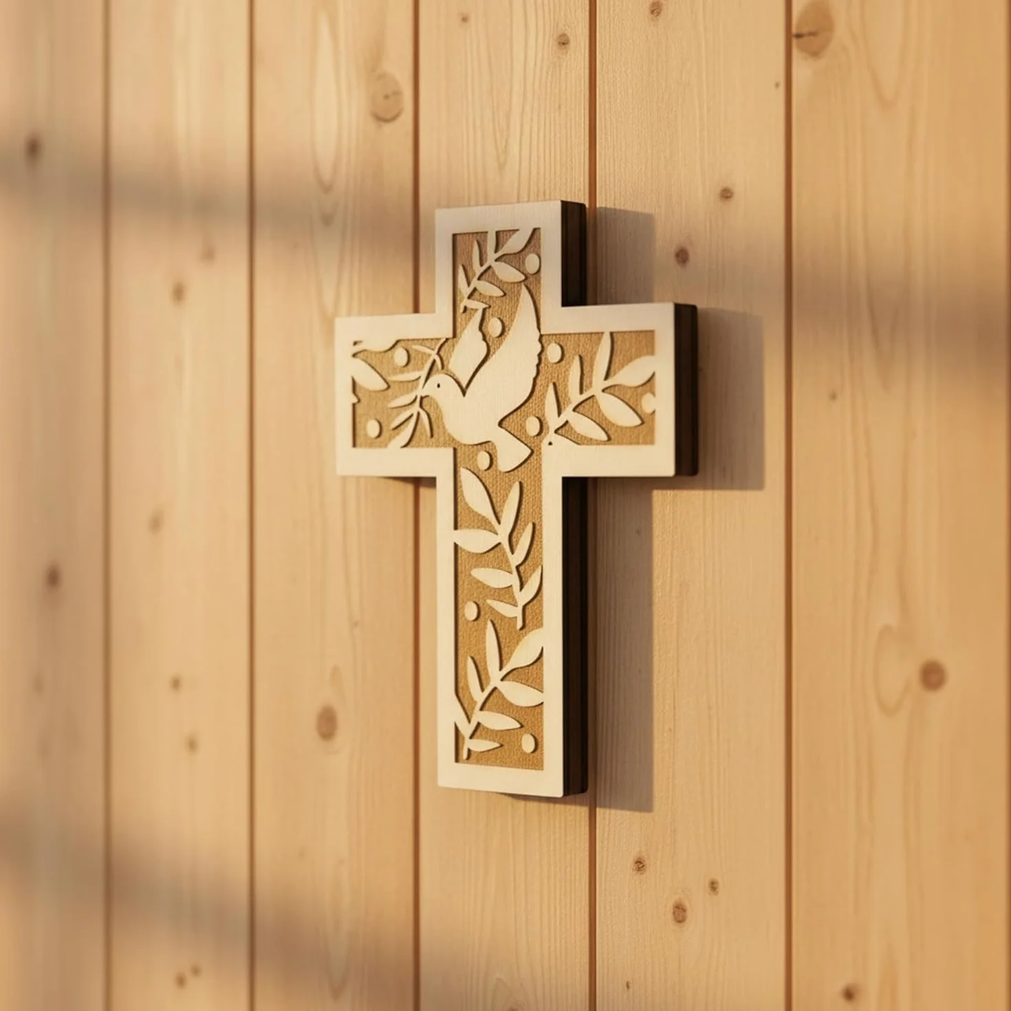 Croix murale en bois d'épicéa 18 cm avec colombe et rameaux d'olivier Kaltner