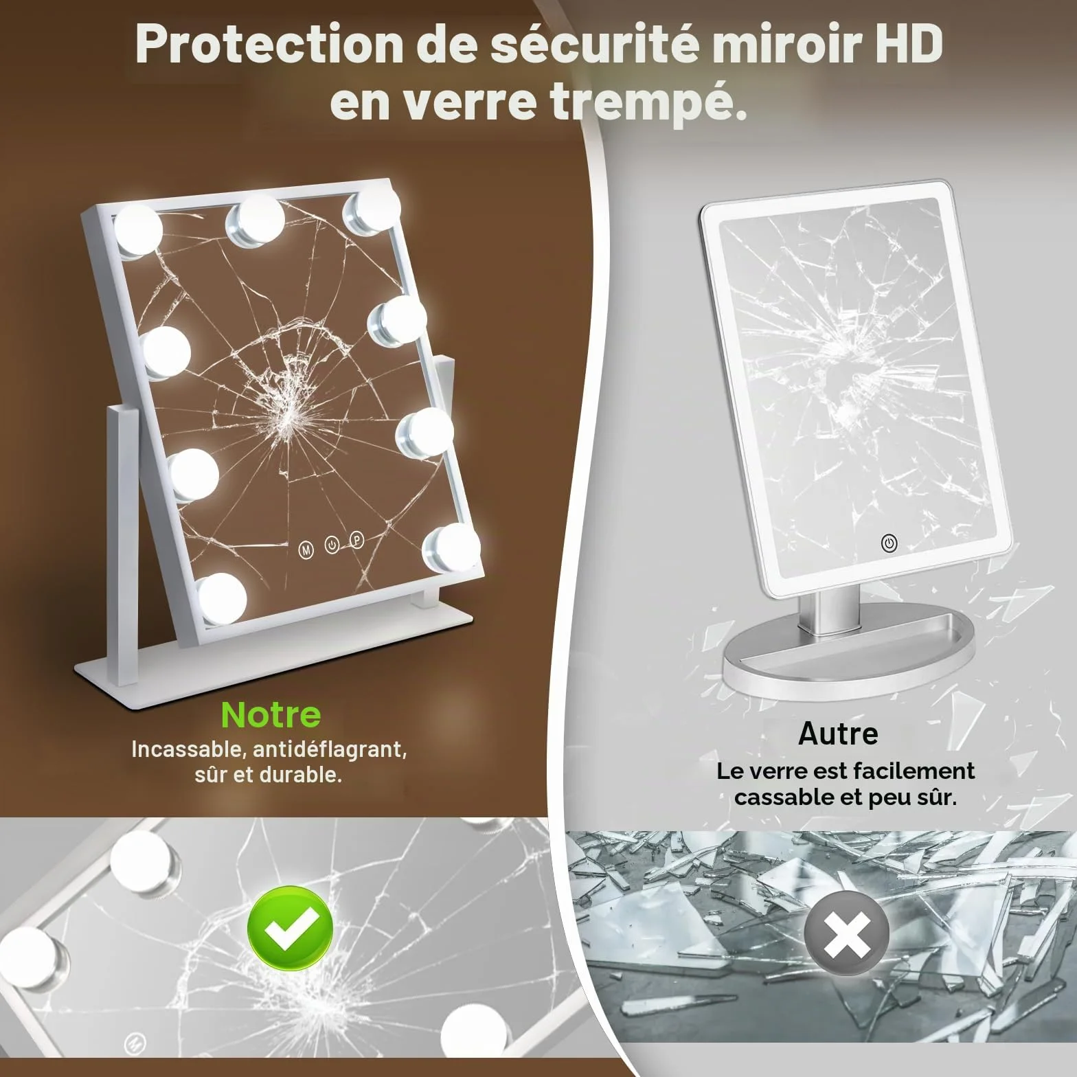 Miroir de Maquillage Hollywood avec éclairage LED 9 LED - Miroir vanité - Rotation 360° 3 Modes - Miroir de Coiffeuse Tactile