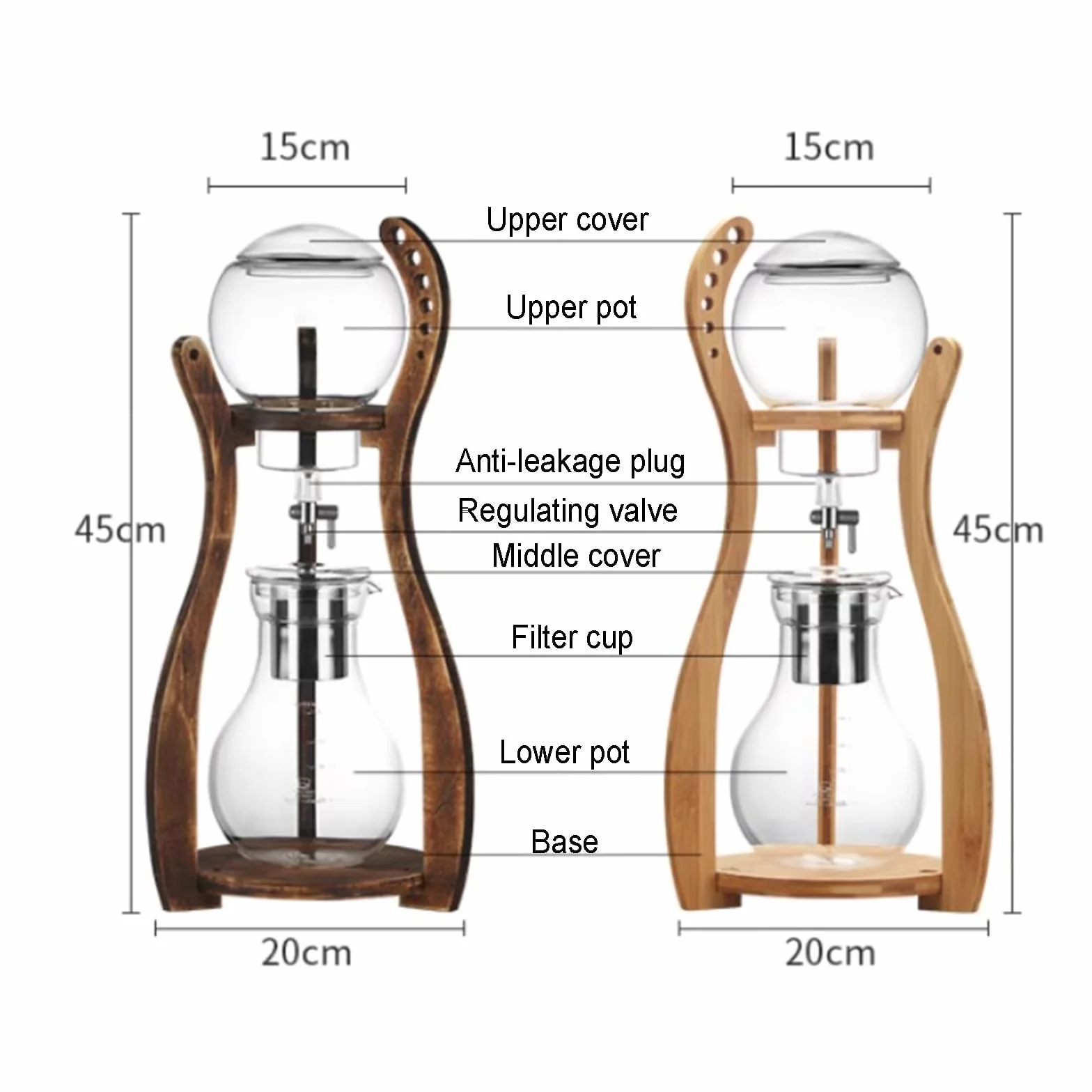 Cold Brew Coffee Maker, Iced Drip Coffee Machine with Adjustable Dripper, Wood Frame, Stainless Steel Filter, 6-8 Cups