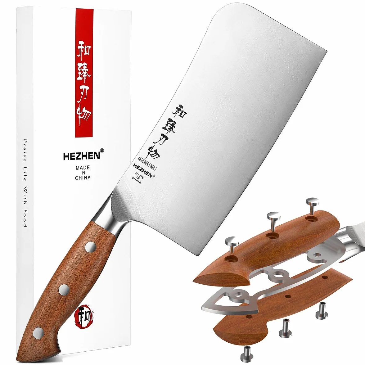 HEZHEN Couteau à Hacher Chinois, Couperet à Viande, Manche en Redwood