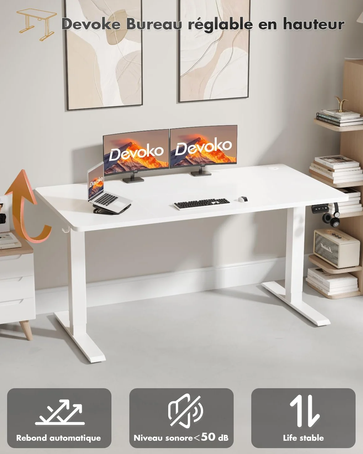 Bureau Assis Debout Électrique 120x60 cm - Réglable en Hauteur Motorisé avec 2 Mémoires - Blanc