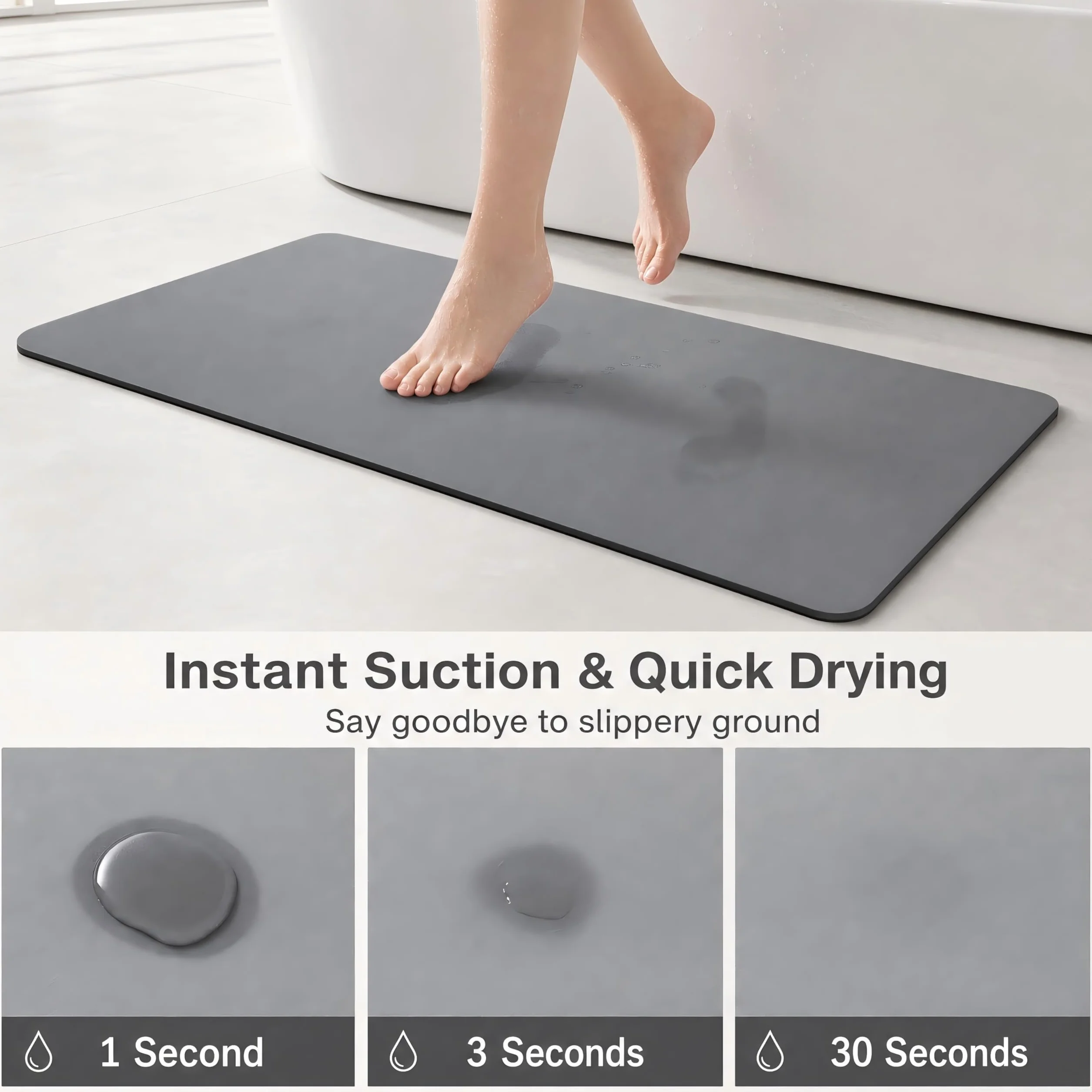 Tapis de Bain Diatomite 40x60cm Antidérapant Séchage Rapide Absorbant Lavable Gris Foncé