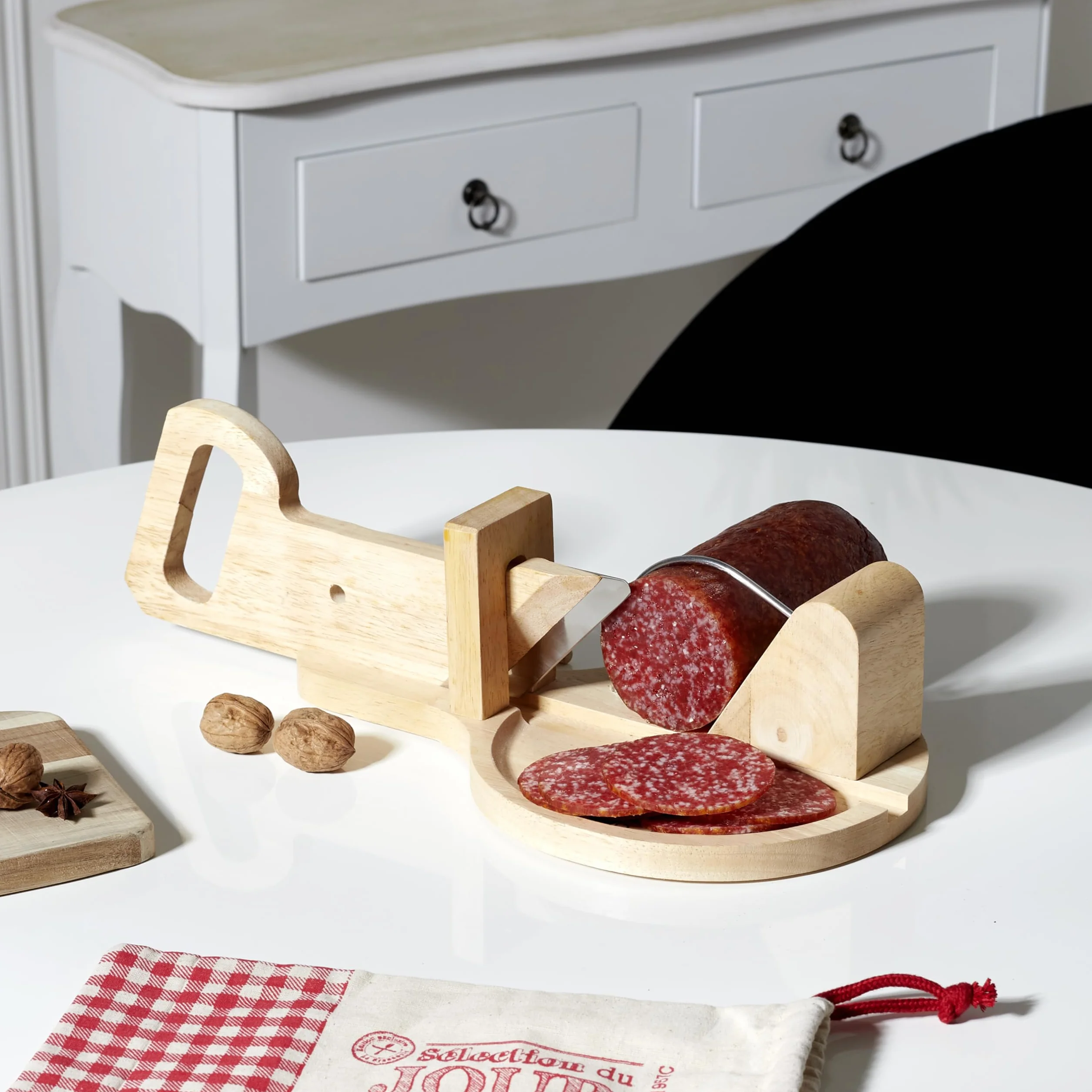 Trancheuse Guillotine Coupe Charcuterie Saucisson Manuelle Ronde Bois Inox Marron