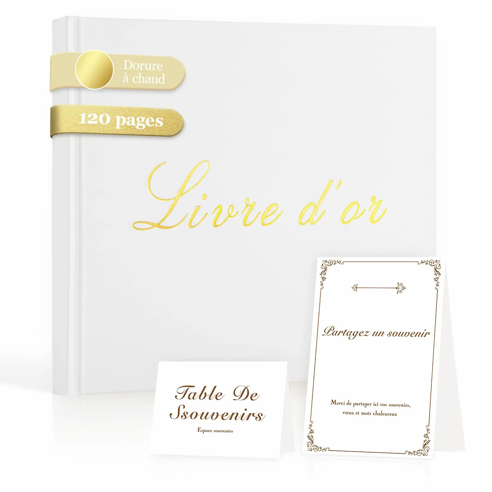 Livre d’or Minimaliste 20×20 cm Couverture Rigide Dorée Papier Épais Anti-Transfert avec Chevalet et Cartes