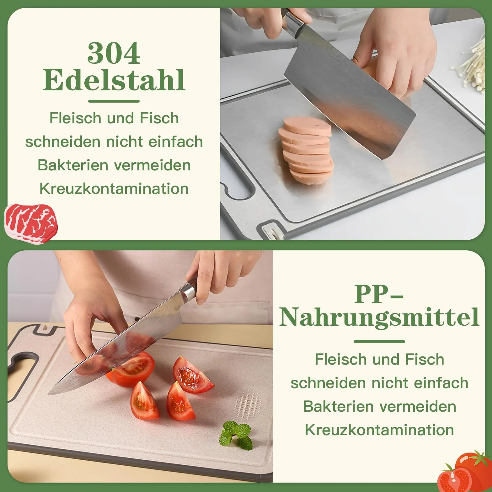 Planche à Découper Inox Double Face Silicone Antidérapante pour Cuisine Viande Poisson Fruits Légumes