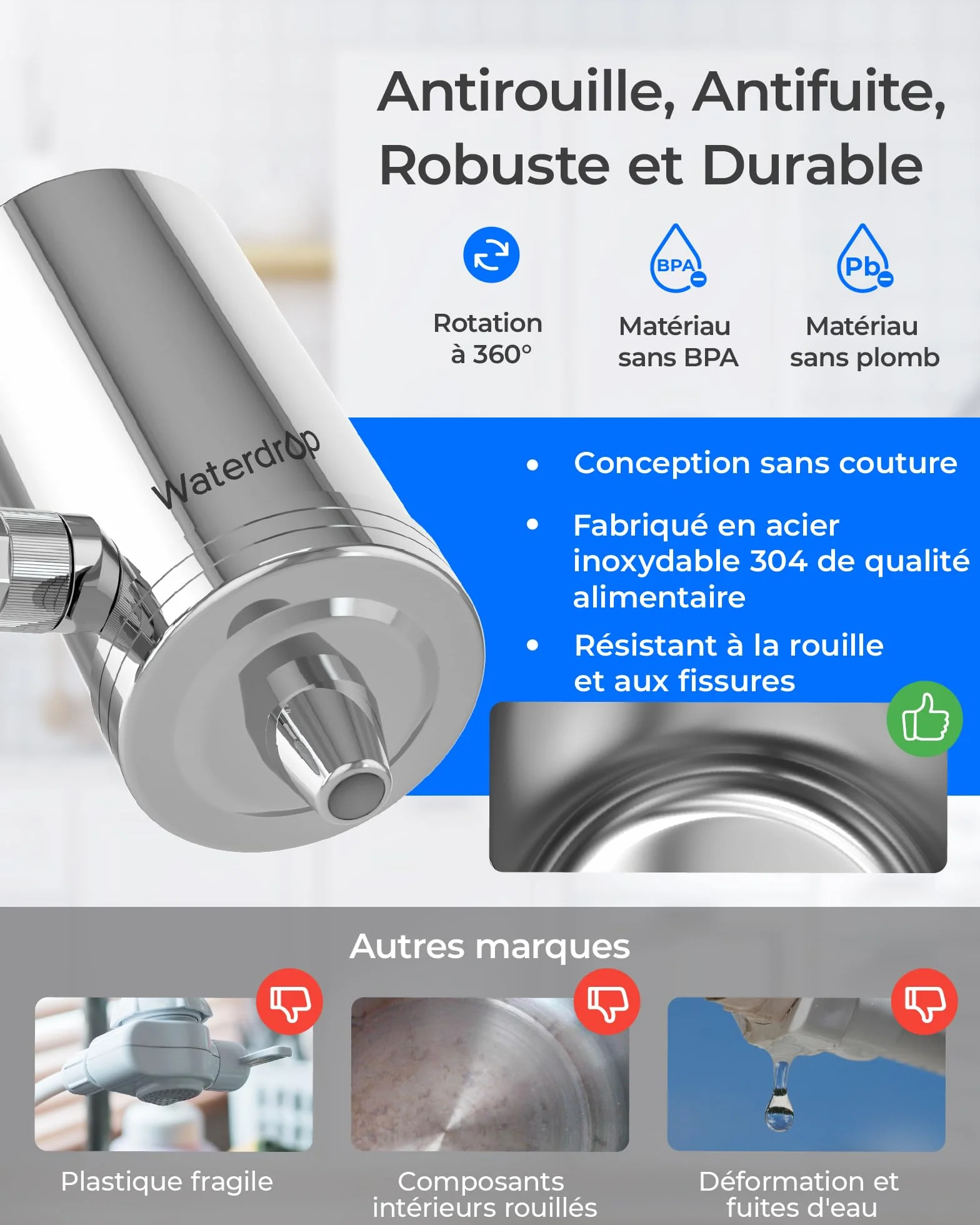 Filtre à Eau de Robinet Waterdrop WD-FC-06 Acier Inoxydable Système Filtration Bloc Carbone 4 Filtres