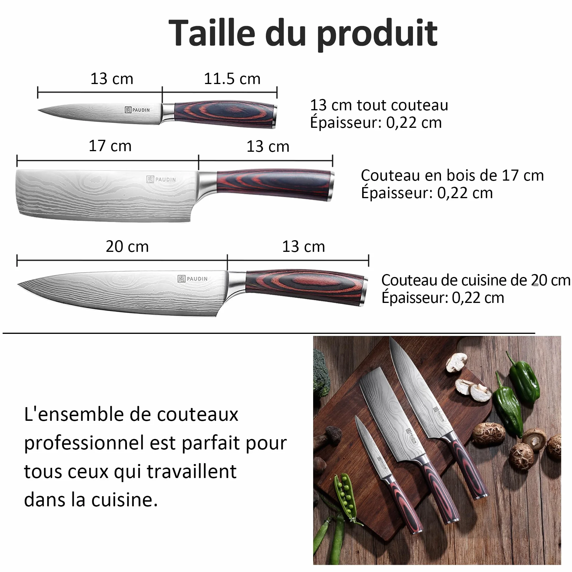 PAUDIN Couteau Cuisine Professionnel Acier Inoxydable Allemand 20cm 17cm 13cm