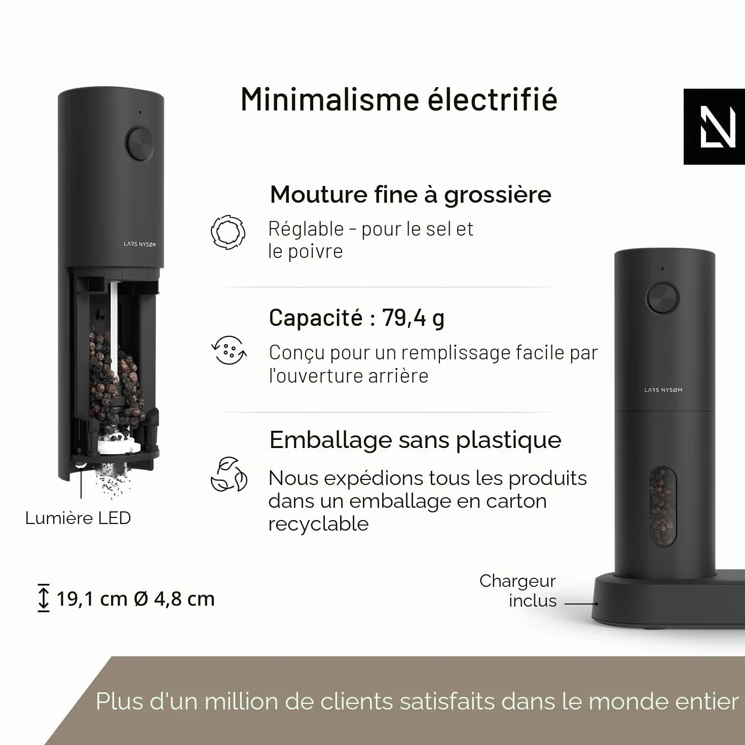 Moulin électrique sel et poivre LARS NYSØM automatique broyeur céramique rechargeable USB Carbon Black