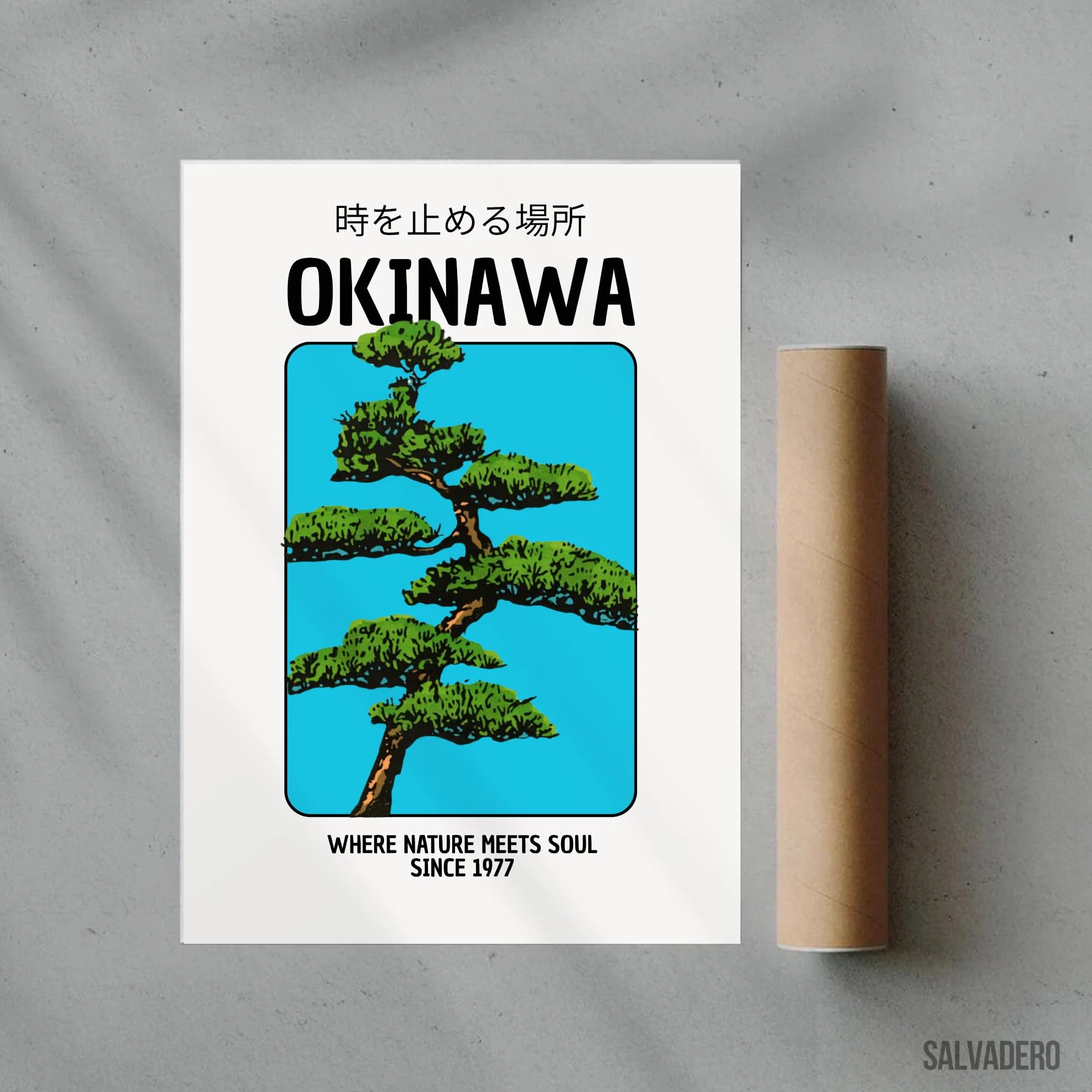 SALVADERO Affiche Okinawa Poster Art Japonais Bonsaï Kanji Art Mural 250g/m² Mat 70x50 cm Sans cadre