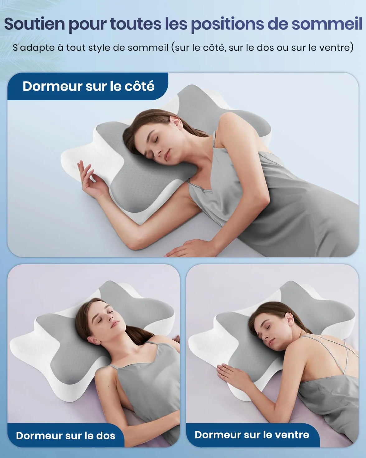DONAMA Oreiller Cervical Ergonomique Mémoire de Forme, Soutien du Cou, 66x37x13 cm, Gris Blanc