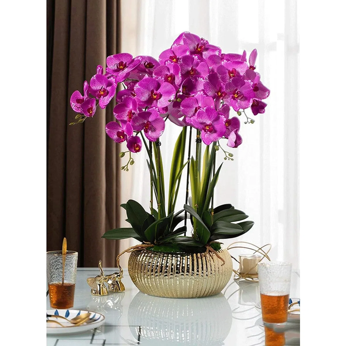 Orchidées artificielles 5 têtes de Fleurs artificielles avec Vase en céramique Fleurs de phalaenopsis artificielles en Pot Faux 71 cm Fausses Fleurs artificielles Florales