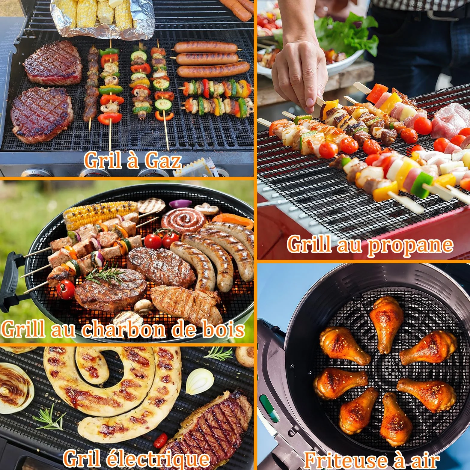 Grille Barbecue découpable 42x36 cm Tapis de Cuisson Réutilisables Anti-adhésif pour Gril électrique Gaz Charbon