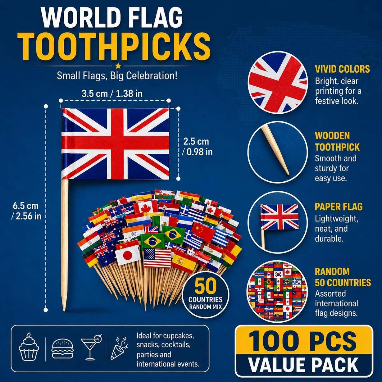 Lot de 100 cure-dents en bois - Marqueur alimentaire - Décoration de fête pour buffets et occasions festives - Mélange de motifs