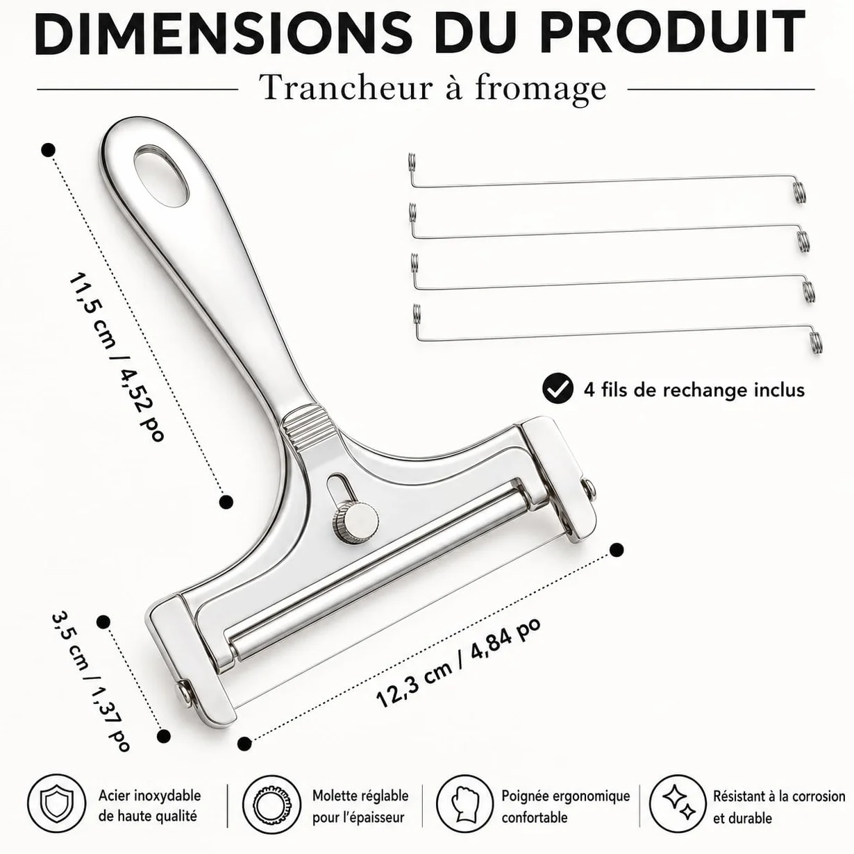 Trancheur à fromage manuel inox 4 fils de rechange réglable coupe-beurre portable argent brillant