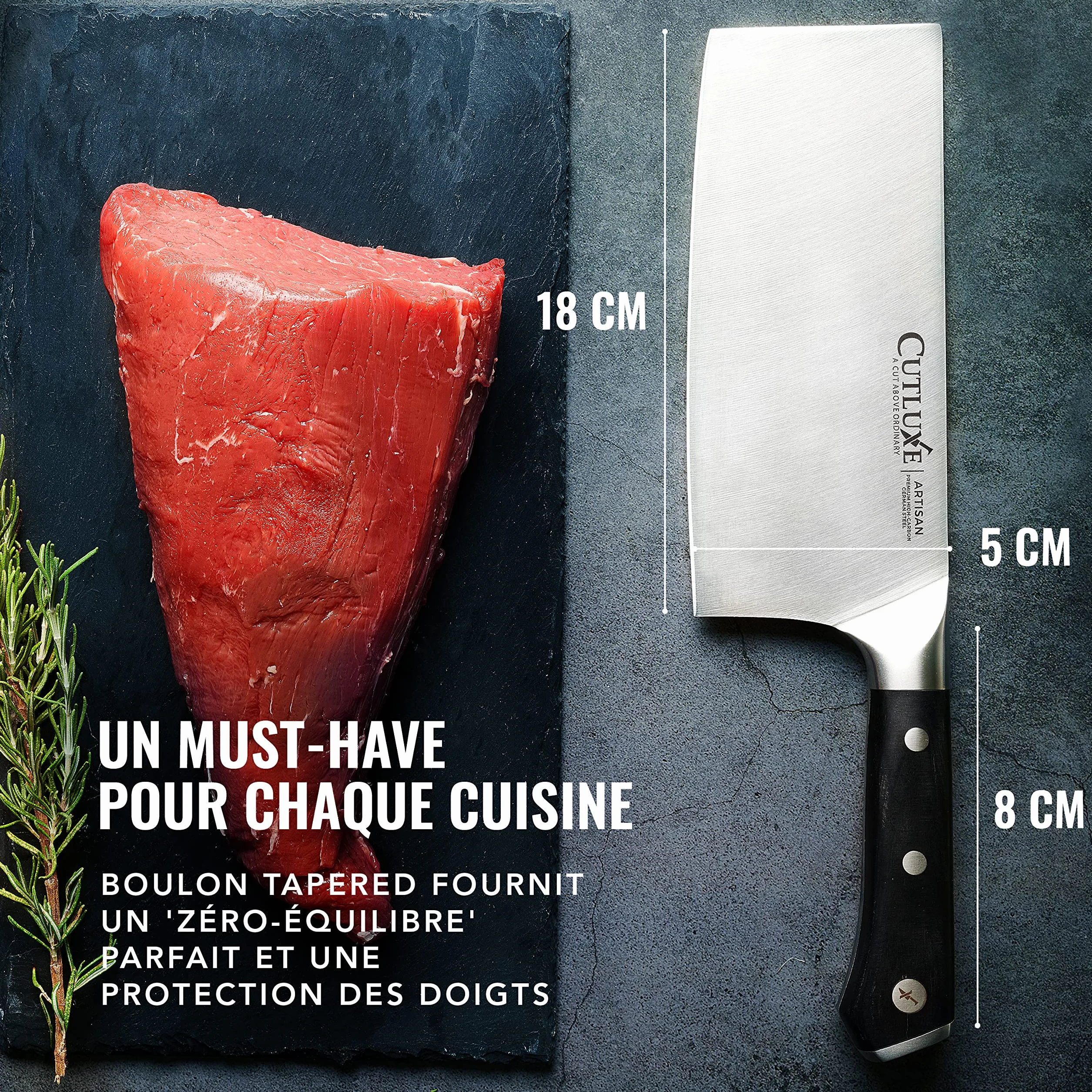 Cutluxe Couteau de Boucher 17.7 cm Acier Allemand Carbone Tang Complet Série Artisan